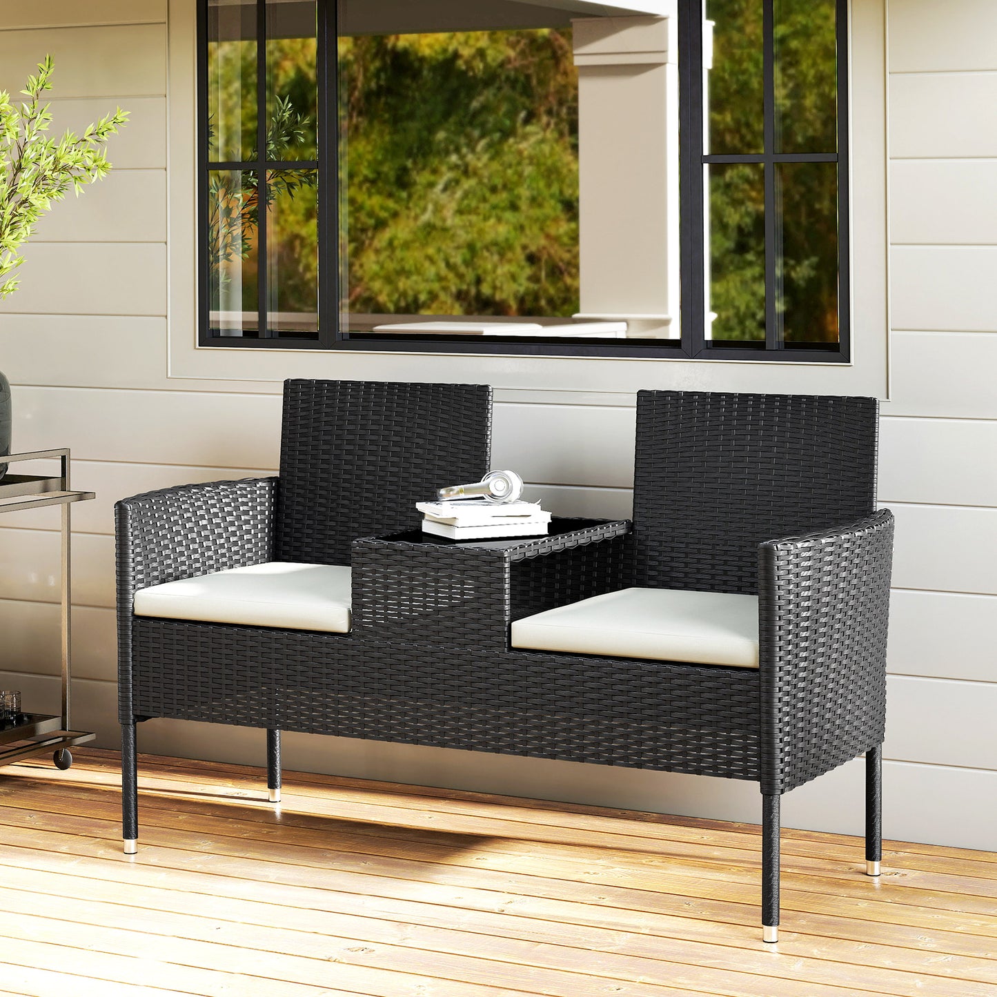 Outsunny Patio Furniture w/ Mid-Table PE Rattan Loveseat w/ Cushion, Cream White