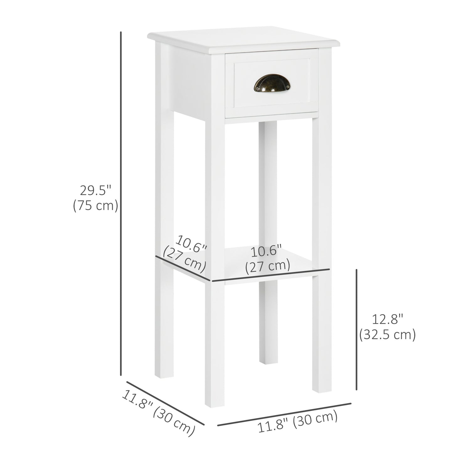 HOMCOM 2 Tier Side Table, Set of 2, Narrow Tall End Table with Drawer and Shelf, Slim Wooden Nightstand for Living Room, Bedroom, Hallway, White