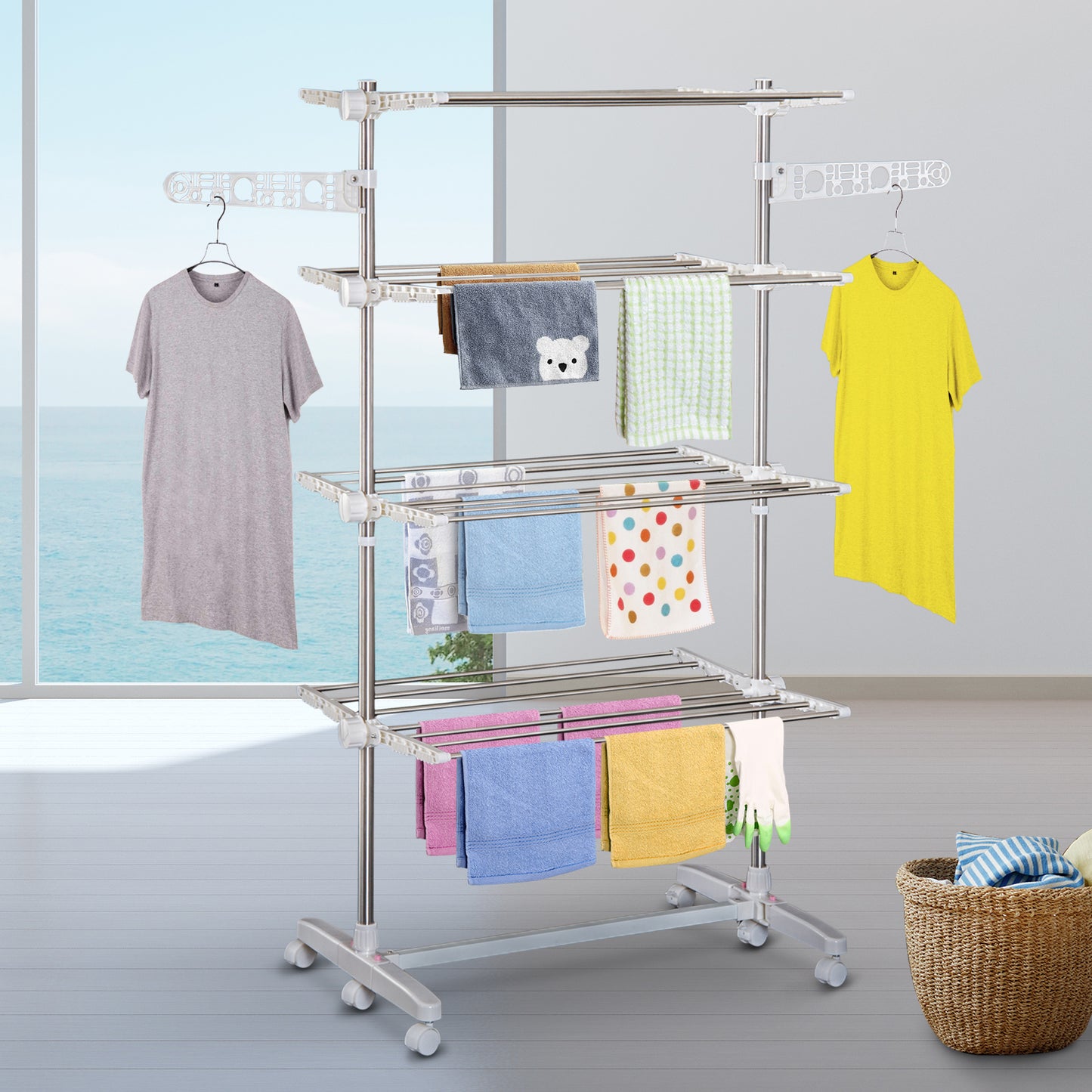 HOMCOM 3-Tier Foldable Clothes Drying Rack, Stainless Steel Laundry Rack with 2 Side Wings and 6 Castors, Collapsible Adjustable Clothes Airer for Indoor Outdoor, White
