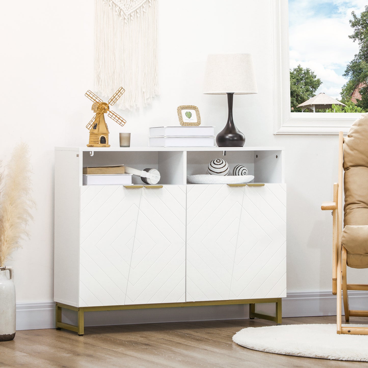 HOMCOM Accent Sideboards, Kitchen Storage Cabinet with 4 Doors, Adjustable Shelves, Metal Base for Living Room, Hallway, White