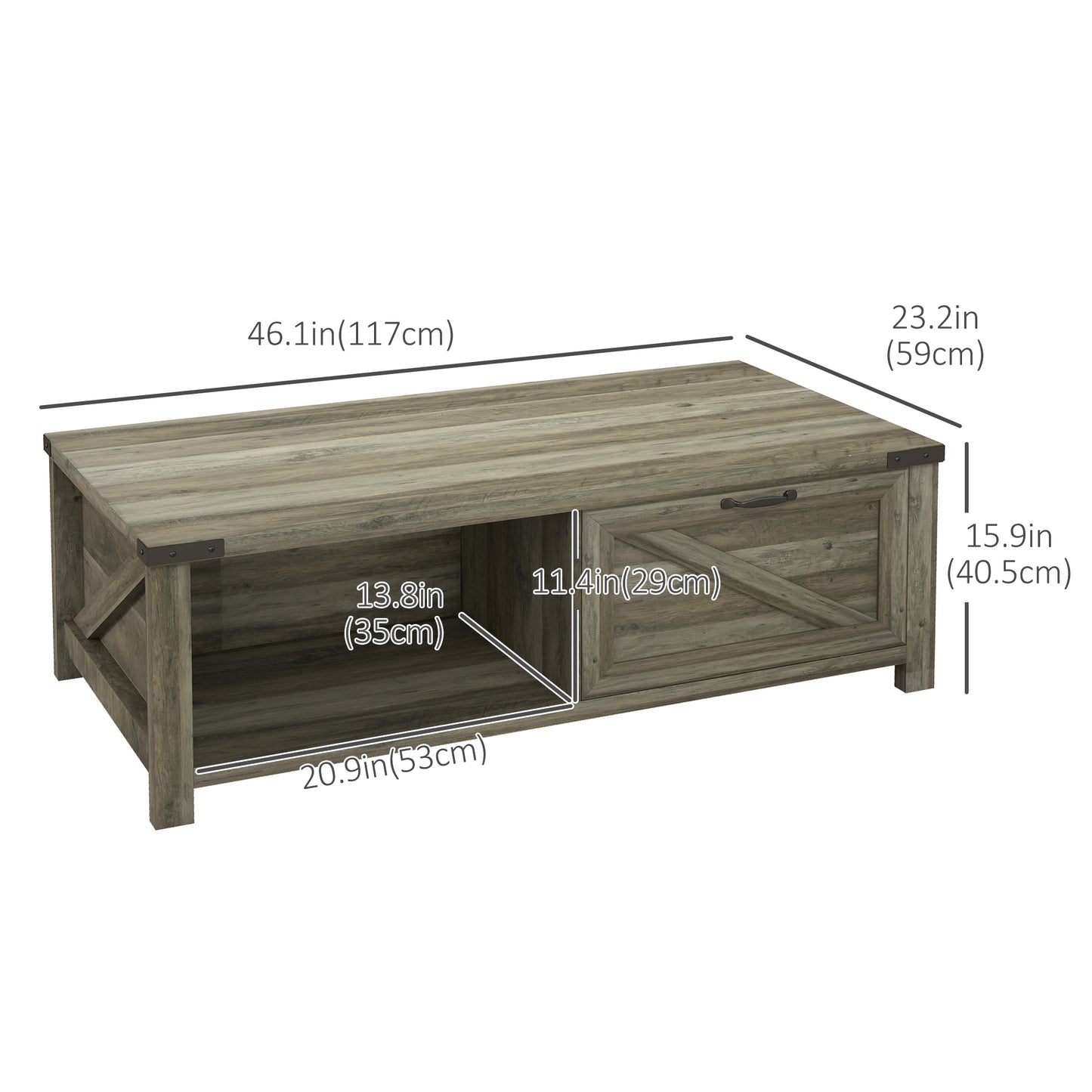 HOMCOM Industrial Coffee Table Side End Table with Drawer, Open Storage Shelf, Modern Farmhouse Furniture, for Living Room, Dining Room, Office, White Oak