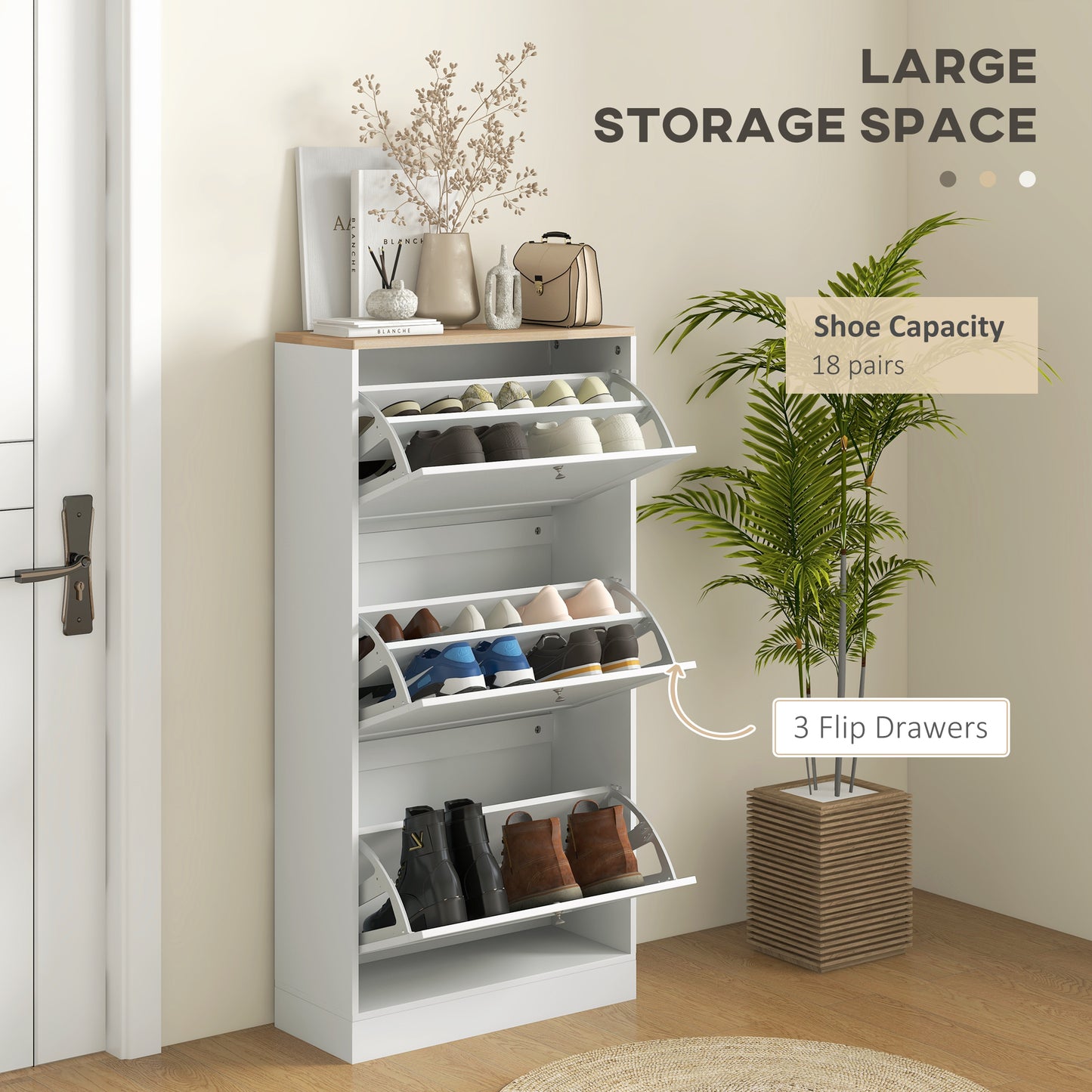 HOMCOM Modern Shoe Storage with 3 Flip Drawers and Adjustable Shelves, Shoe Cabinet Organizer for 18 Pairs of Shoes, White