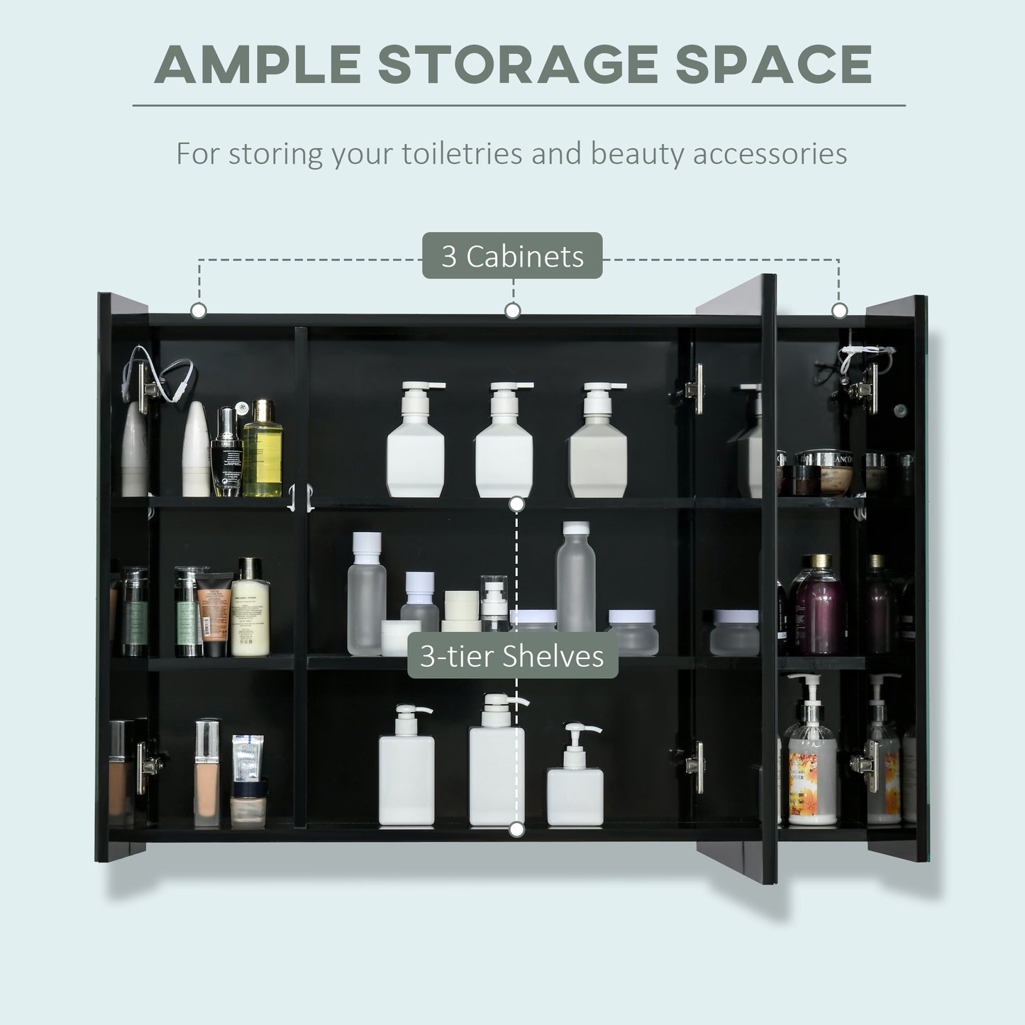 kleankin Medicine Cabinet with Mirror, Wall Mounted Bathroom Mirror Cabinet with Adjustable Shelf, USB Charge, High Gloss Black