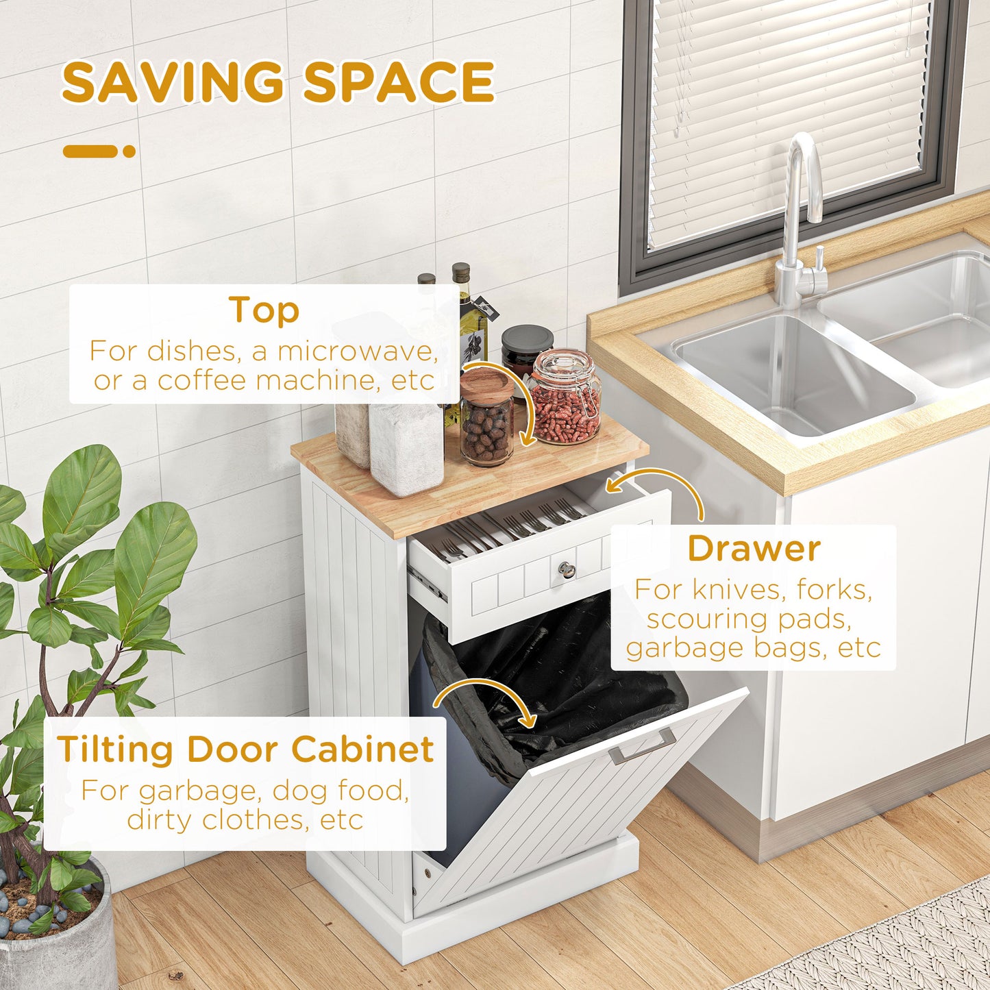 HOMCOM Kitchen Tilt Out Trash Bin Cabinet, Free Standing Recycling Cabinet, Trash Can Holder with Drawer, White