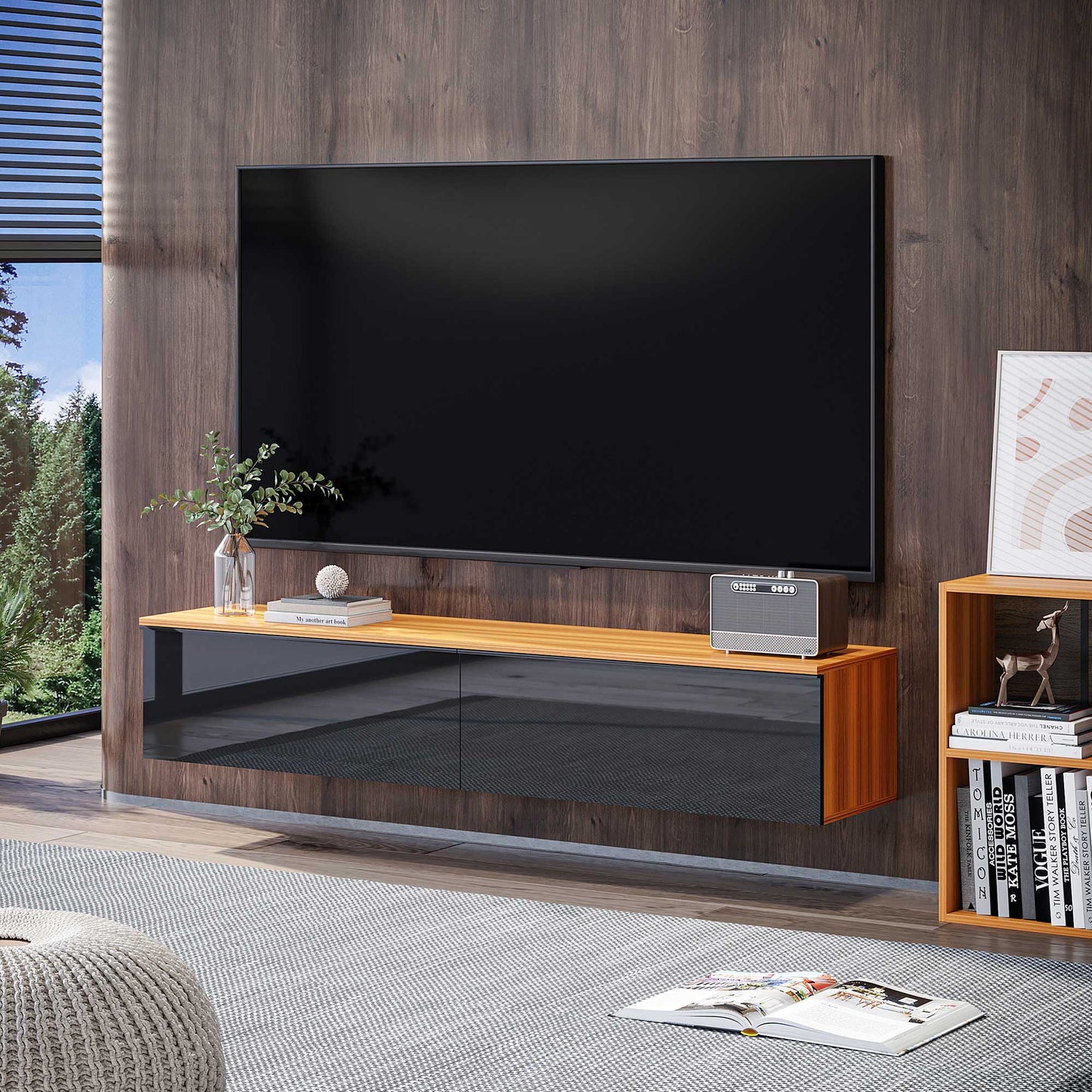 HOMCOM Wall Mounted TV Stand, Floating TV Cabinet for up to 70" TVs with Storage, High Gloss Effect, Brown and Black