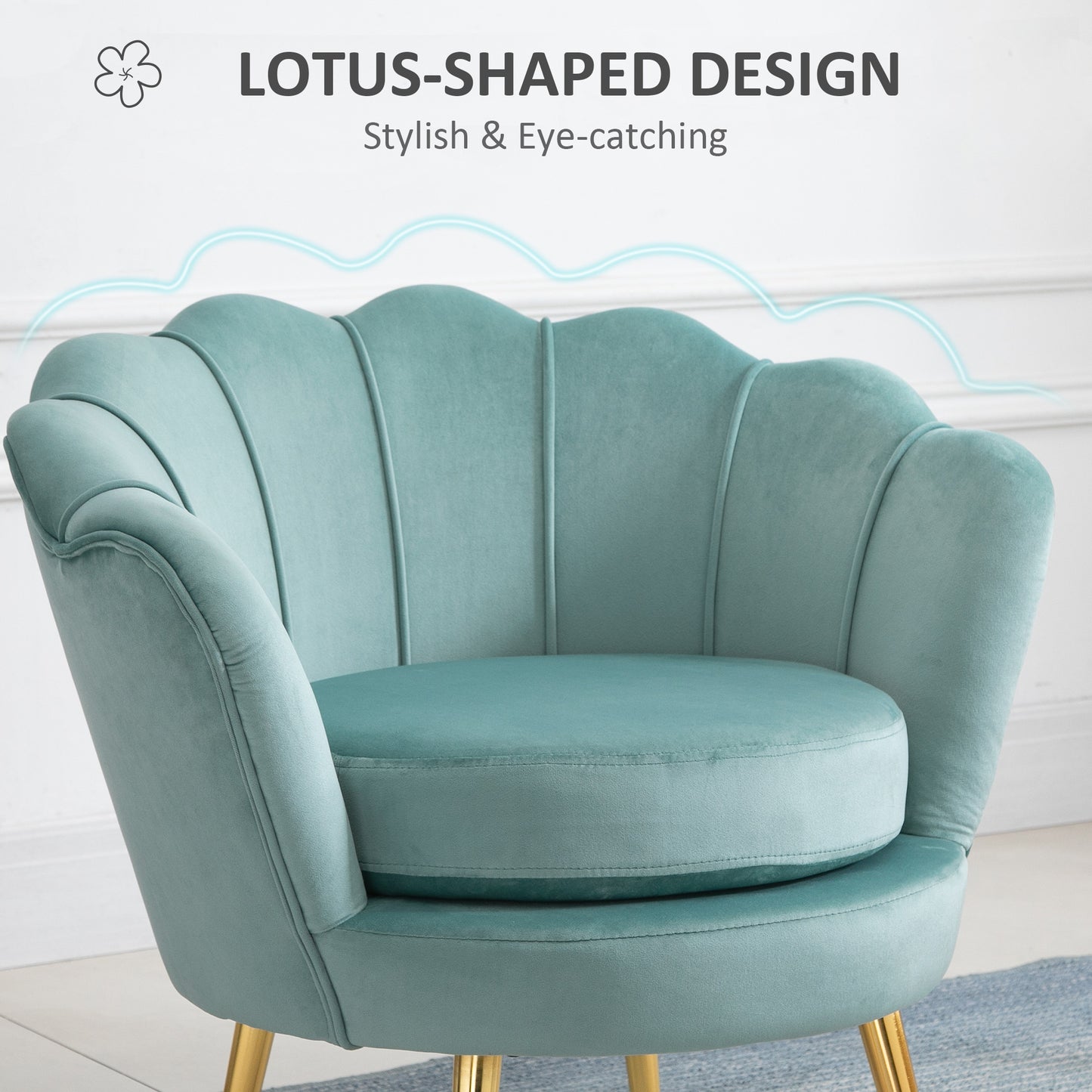 HOMCOM Modern Accent Chair, Velvet-Touch Fabric Leisure Club Chair with Gold Metal Legs for Bedroom, Blue