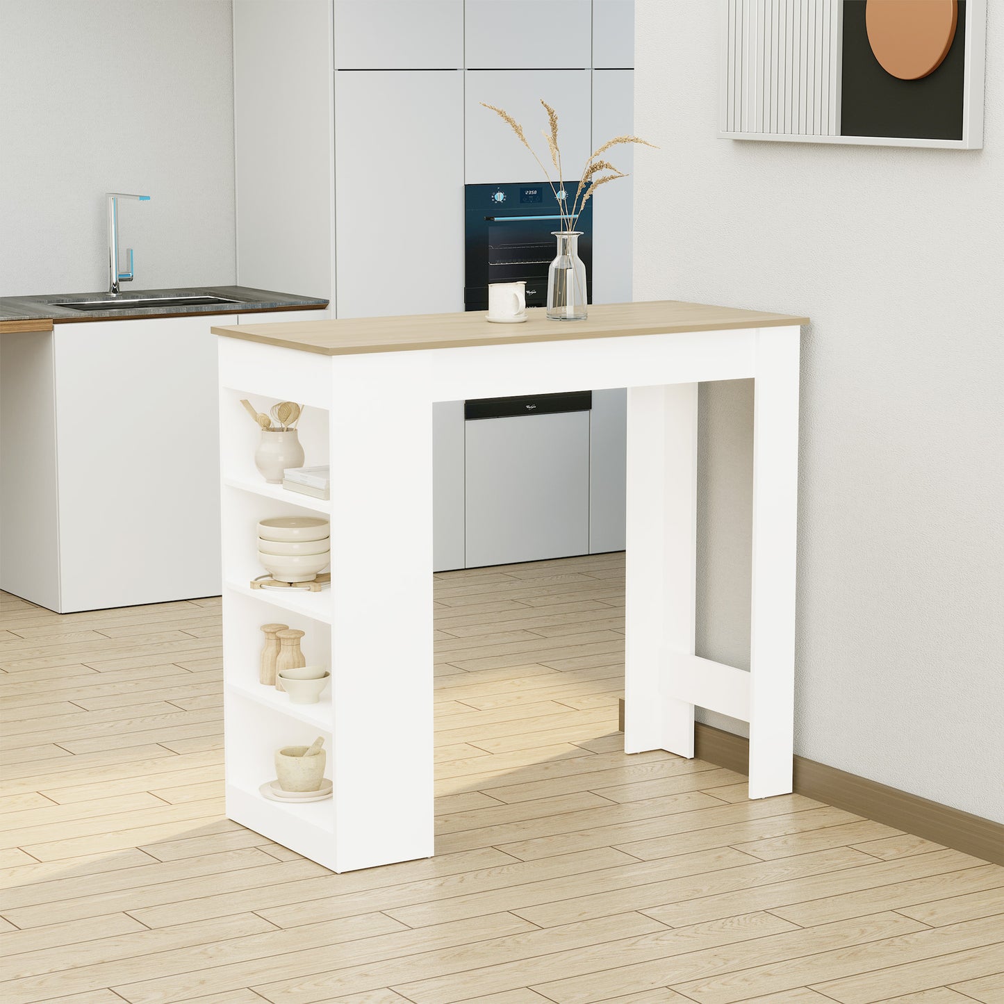 HOMCOM Bar Table, High Top Pub Table with 4 Storage Shelves, Modern Bar Height Table for Home Bar, Kitchen, Grey