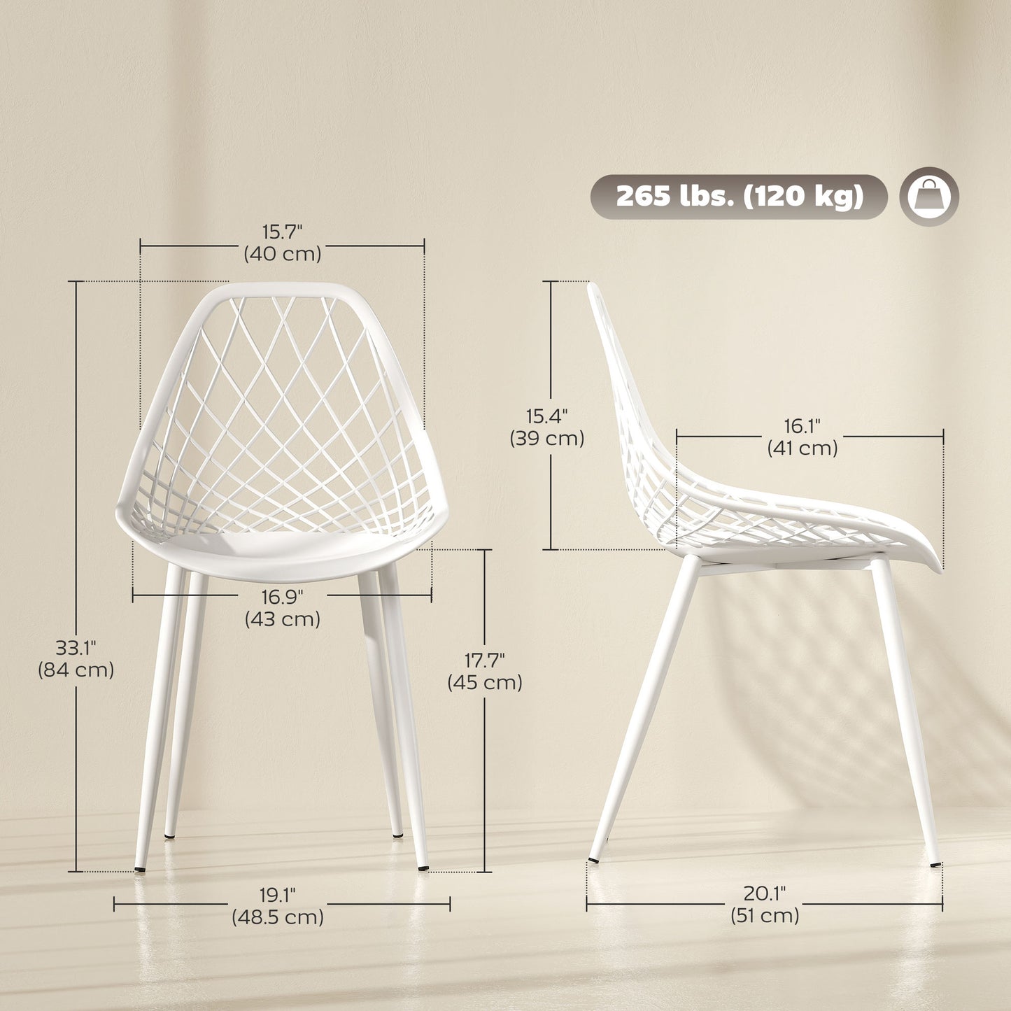 HOMCOM Modern Dining Chairs Set of 4, Plastic Kitchen Chairs with Hollow Backrest and Metal Legs for Living Dining Room, White