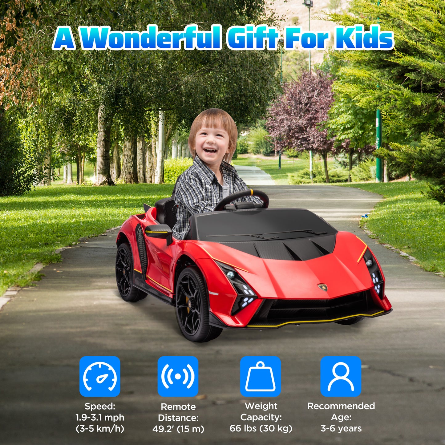 Qaba 12V Lamborghini Autentica Licensed Kids Car with Remote Control, 4 Wheels Spring Suspension, Soft Start, Red