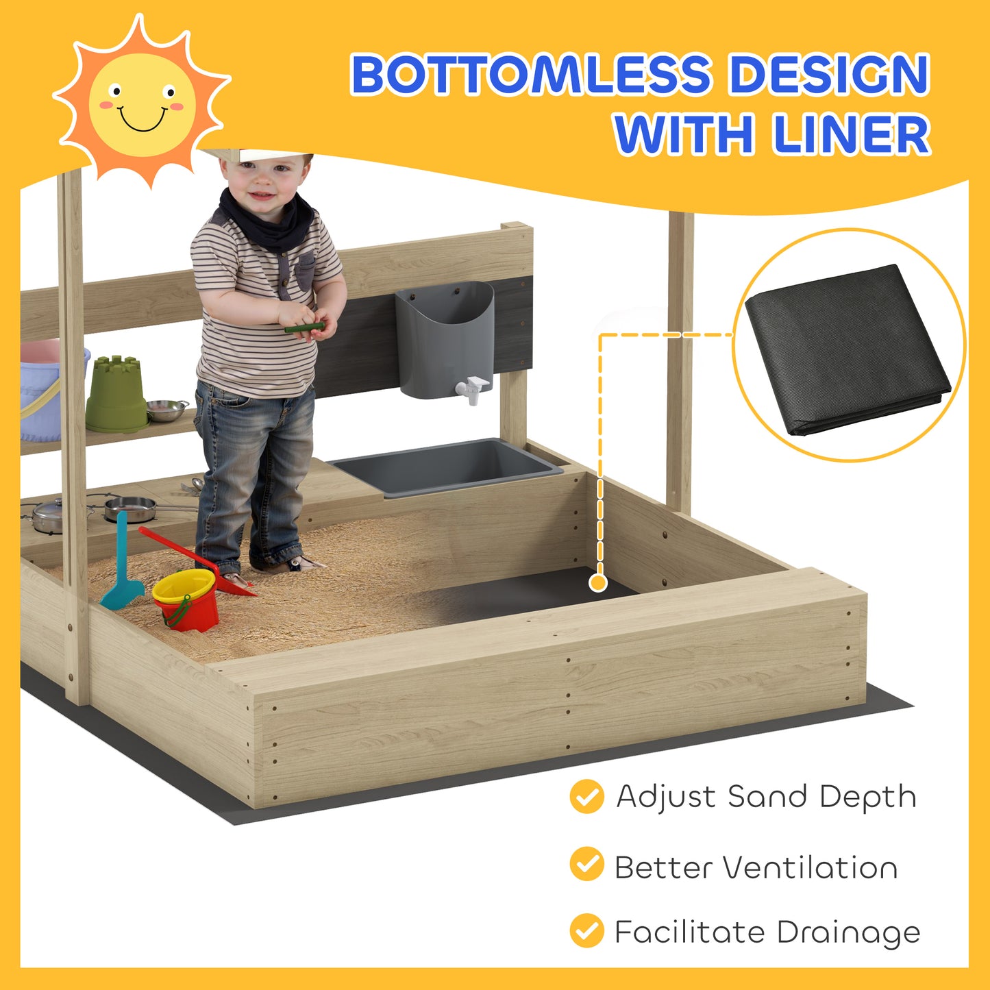 Outsunny Kids Sandbox with Cover Kitchen Playset Toys, Wooden Sand Box with Seat, Storage, for 3-7 Years Old, Grey
