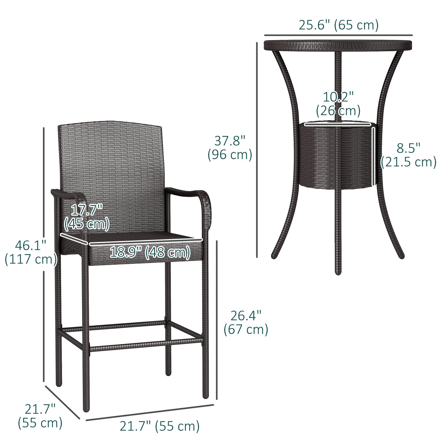 Outsunny 3 Pieces Patio Bar Set, Rattan Bistro Table and Chairs, Outdoor Conversation Furniture Set with Ice Bucket, Dark Brown