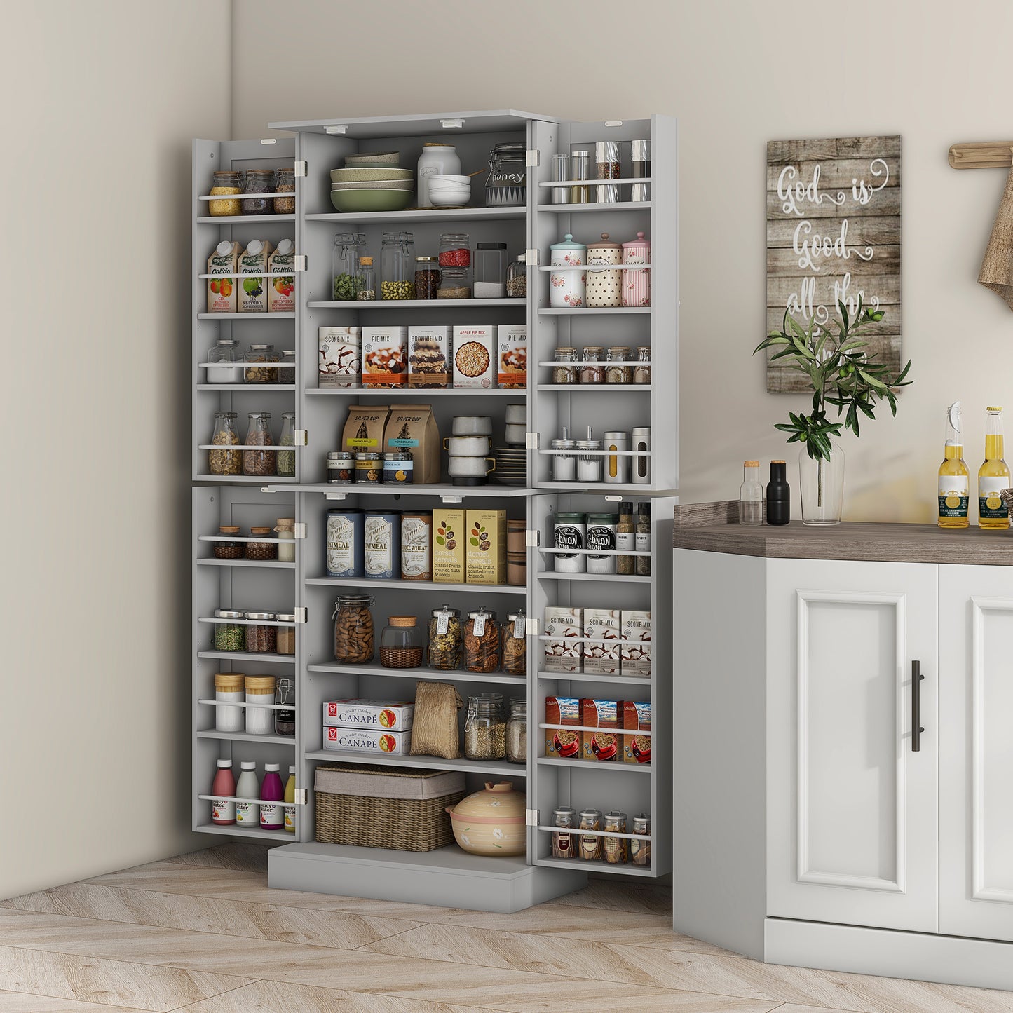 HOMCOM 65" Kitchen Cabinet, Kitchen Pantry Cabinet with 4 Doors and 16 Door Shelves for Dining Room, Grey