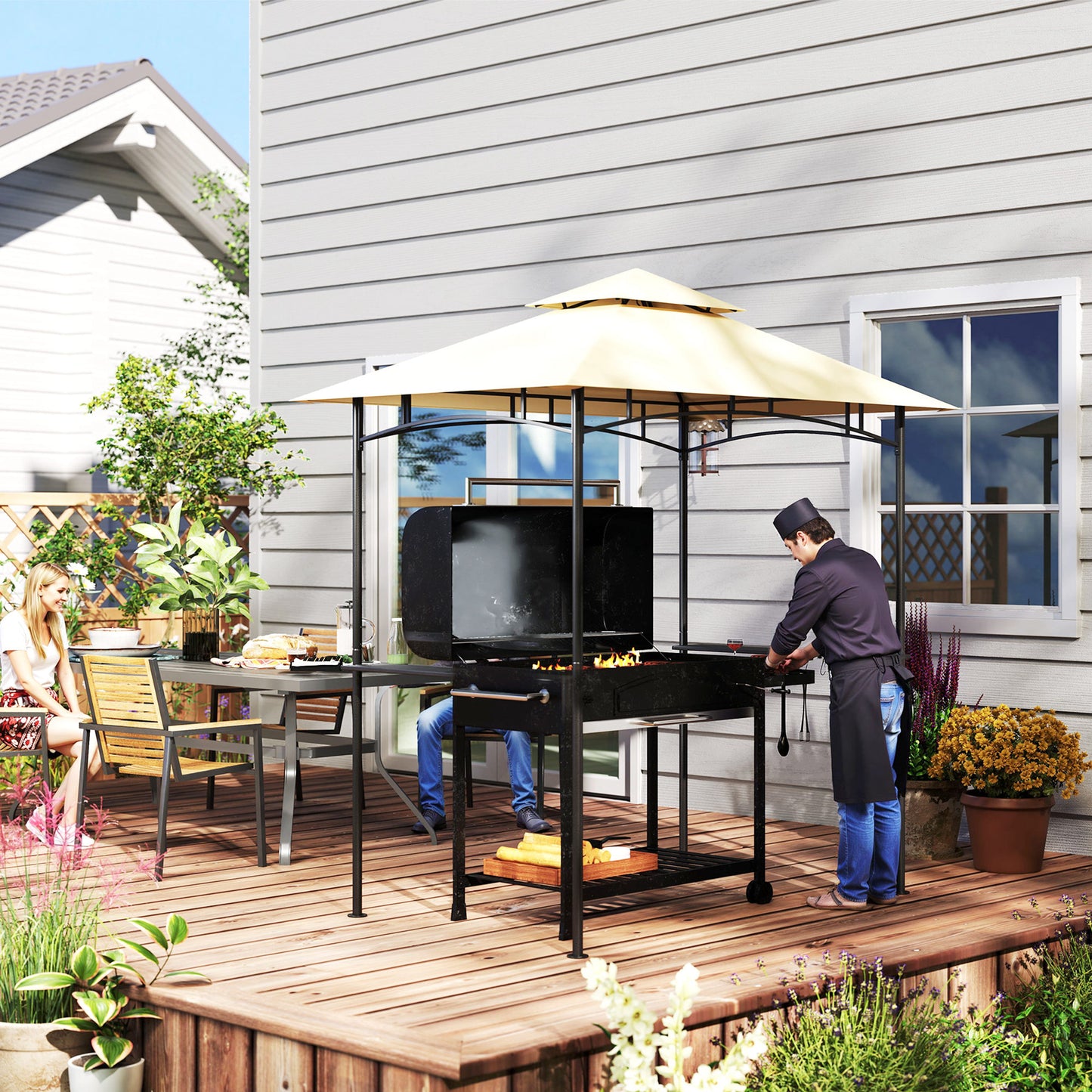Outsunny 8' x 5' Outdoor Grill Gazebo, Double Tiered Barbecue Grill Gazebo Shelter with 2 Side Shelves, Hooks, Beige