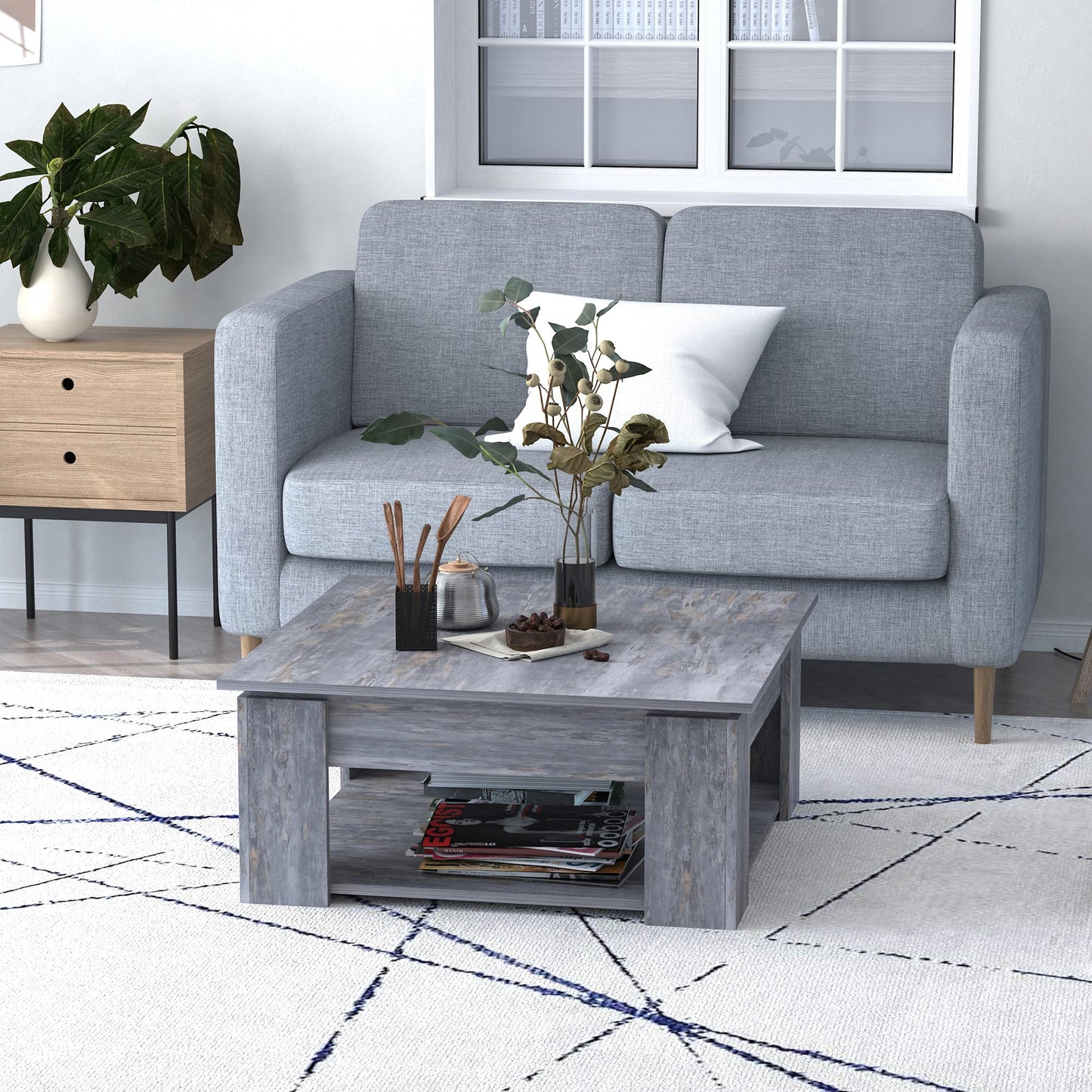 HOMCOM Modern Coffee Table with Storage Shelf, Square Cocktail Table, Center Table for Living Room, Grey