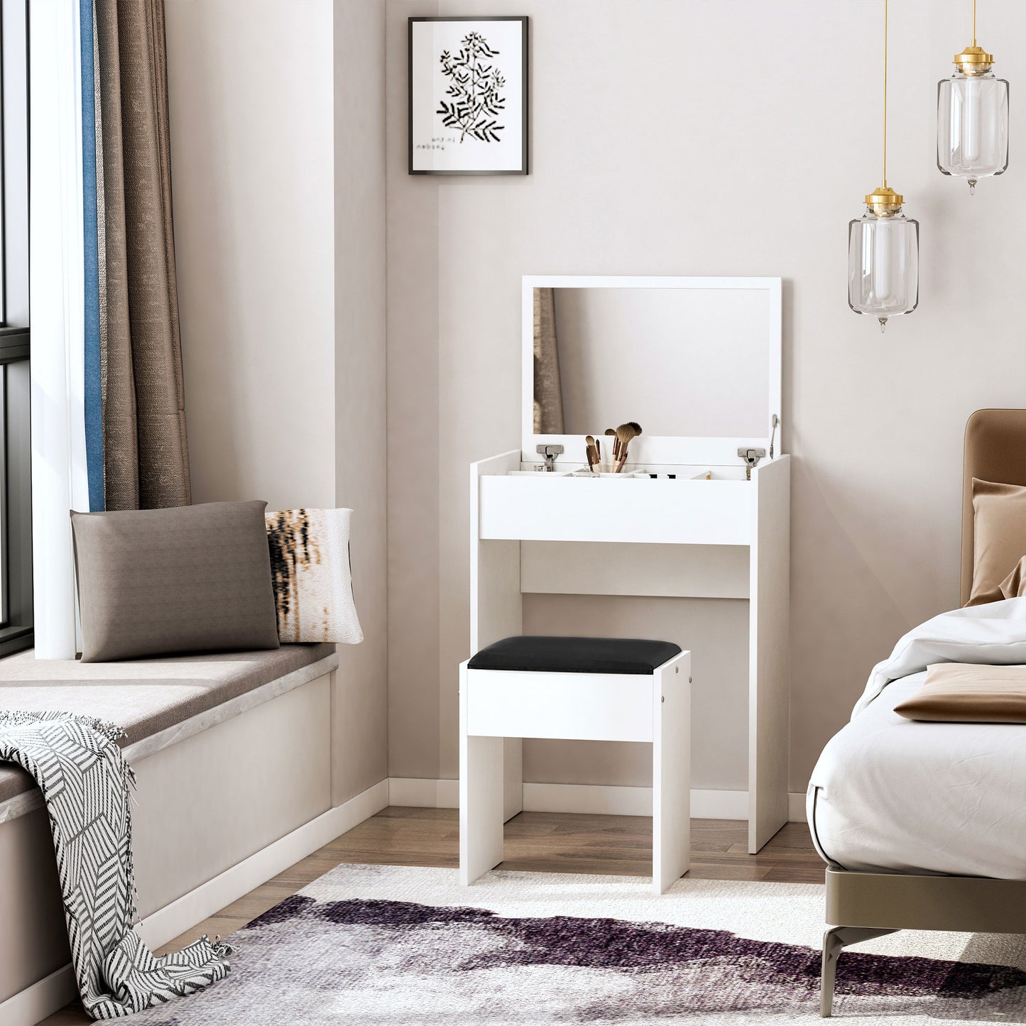 HOMCOM Modern Vanity Set with Makeup Table and Cushioned Stool, Dressing Table with Flip Top and Mirror for Bedroom, White