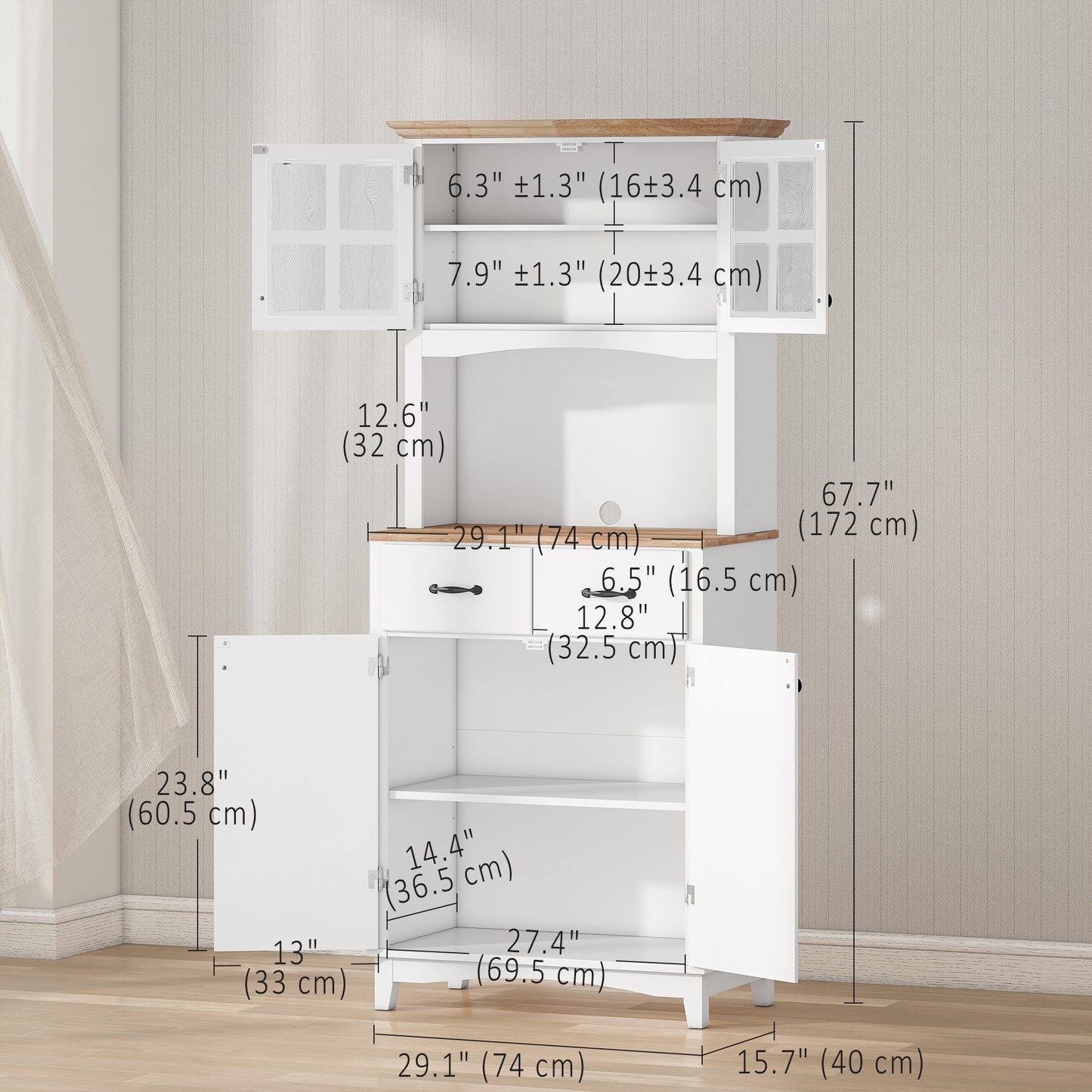 HOMCOM Coastal Style Kitchen Buffet and Hutch Wooden Storage Cabinet with Framed Glass Door Drawers Microwave Space for Dining Room Living Room White