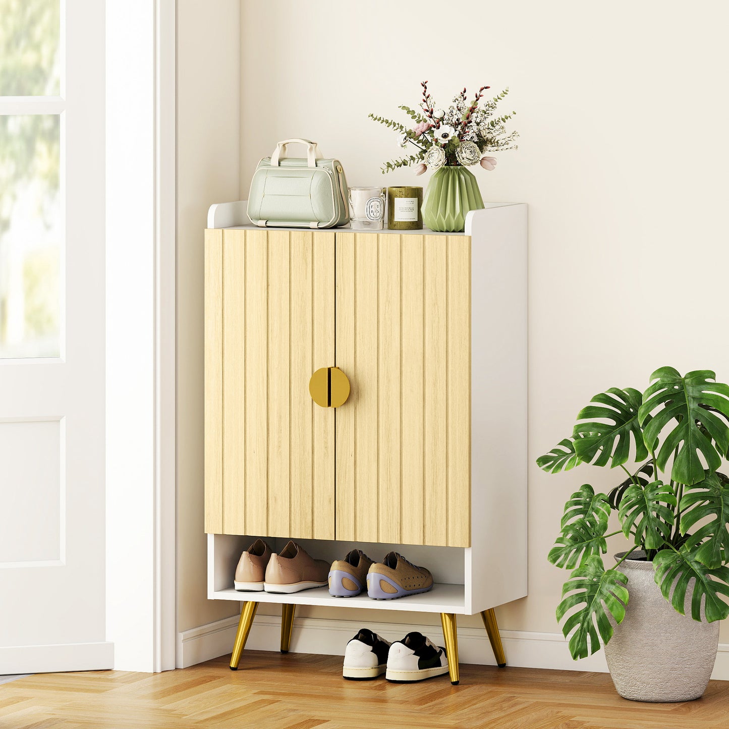 HOMCOM Entryway Shoe Storage Cabinet, Narrow Shoe Cabinet with Adjustable Shelves and Open Shelf for 15 Pairs of Shoes, Grey