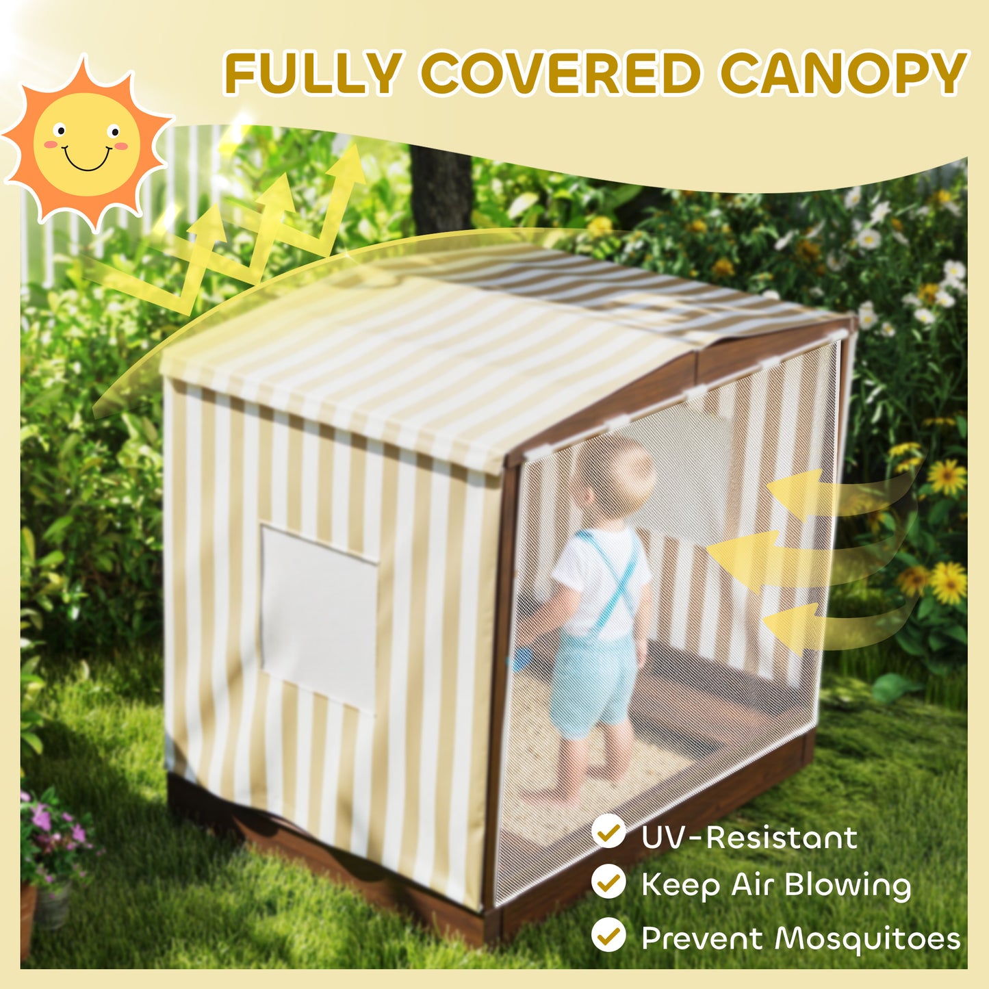 Qaba Kids Sandbox with Full Covered Canopy, Bench Seats, Bottom Liner, for Ages 3-6, 56" x 40" x 52", Brown