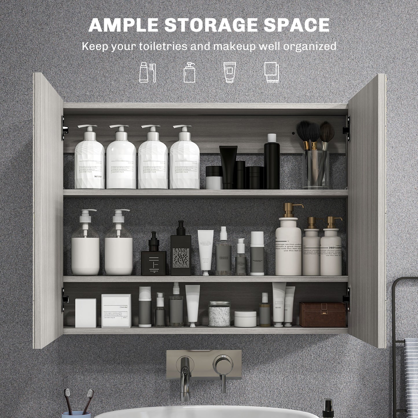 HOMCOM Bathroom Mirror Cabinet, Wall-Mounted Storage Organizer with Double Doors, Adjustable Shelf, Light Lilac