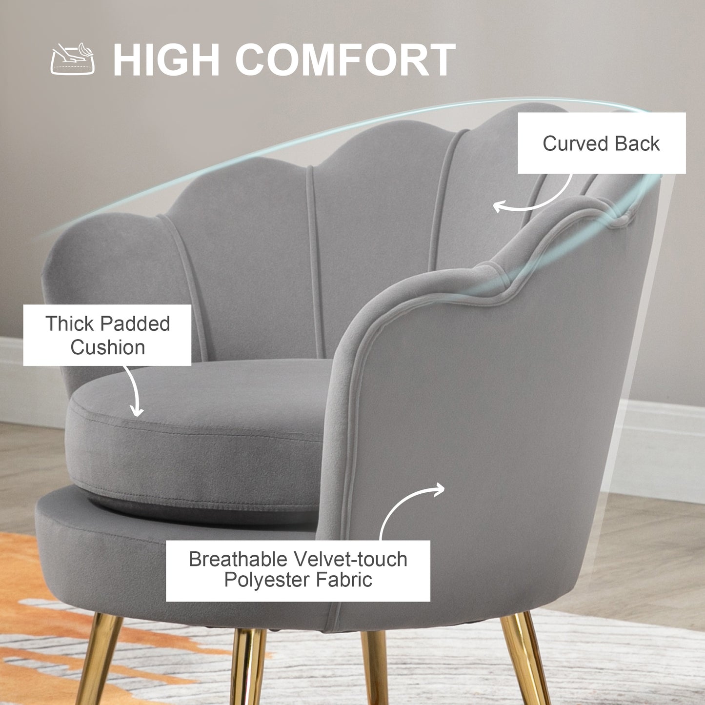 HOMCOM Modern Accent Chair, Velvet-Touch Fabric Leisure Club Chair with Gold Metal Legs for Bedroom, Blue