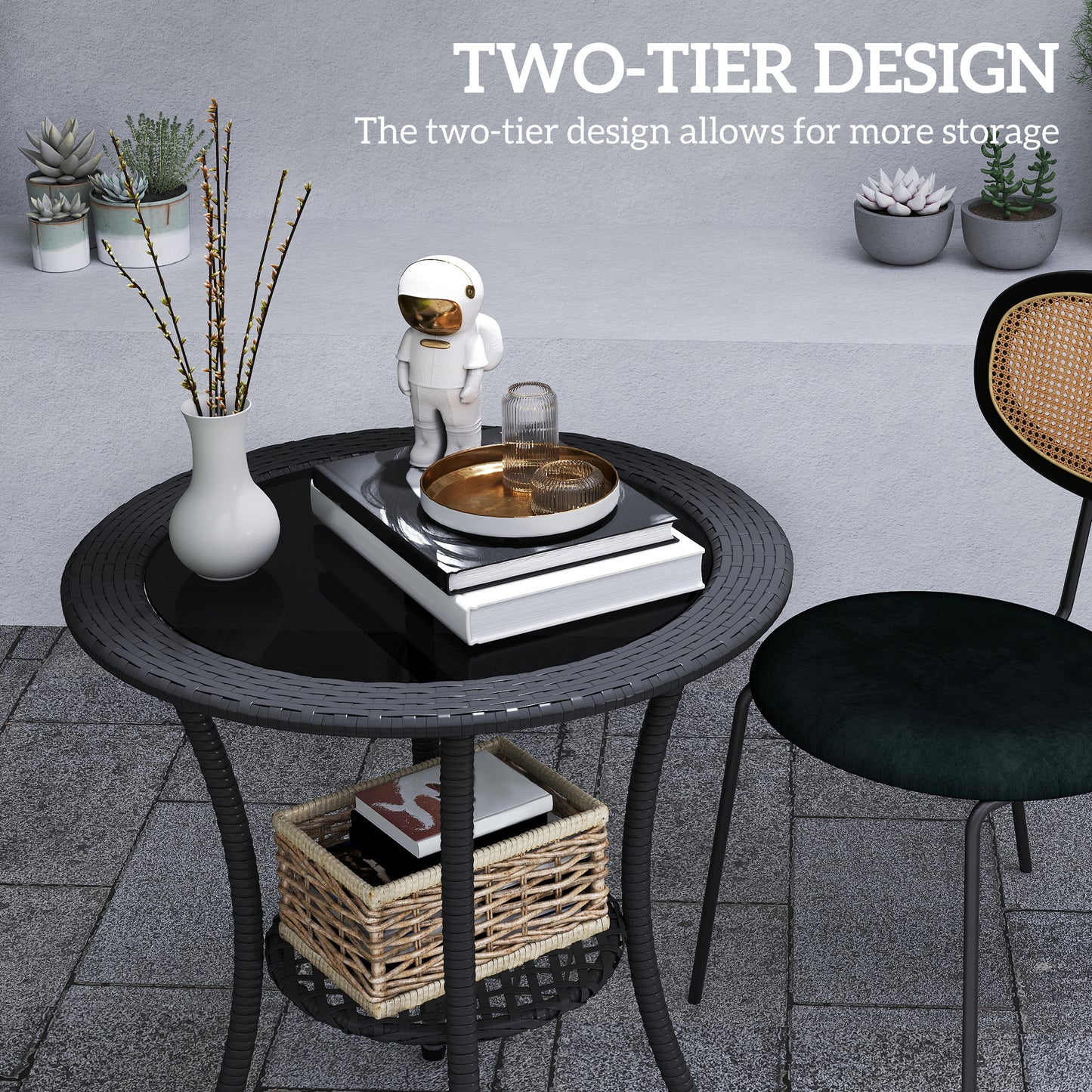 Outsunny Outdoor Rattan Dining Table, Patio Wicker Round Coffee Table with 2-Tier Storage Shelf, Brown
