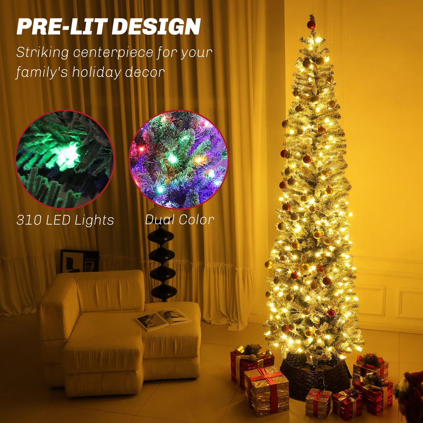 HOMCOM 9ft Prelit Pencil Artificial Christmas Tree, Flocked Xmas Tree with Remote, Dual Colour LEDs, 895 Tips, Metal Stand