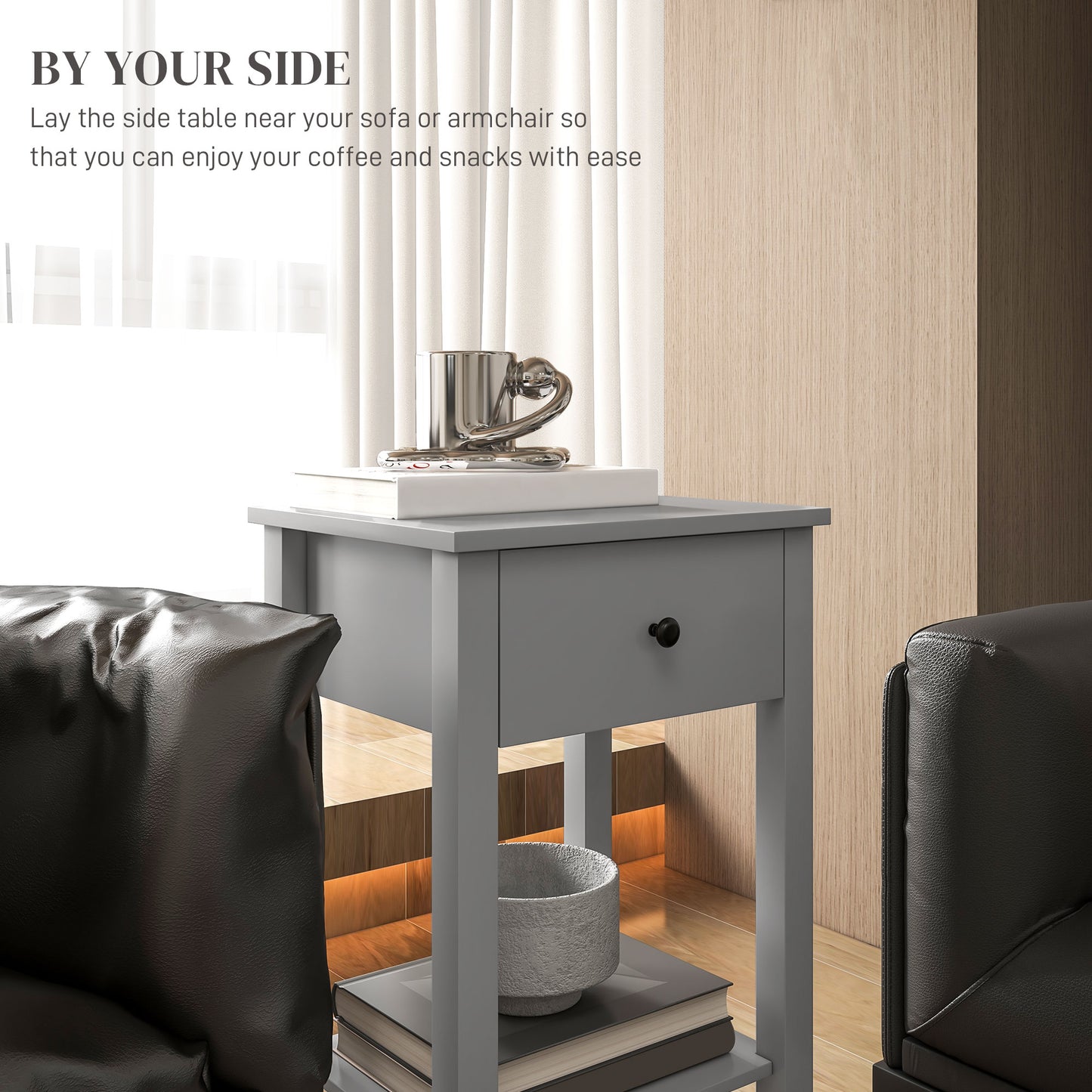 HOMCOM Side Table Set of 2, End Tables with Drawer and Bottom Shelf, 2-tier Nightstand for Bedroom, Living Room, White