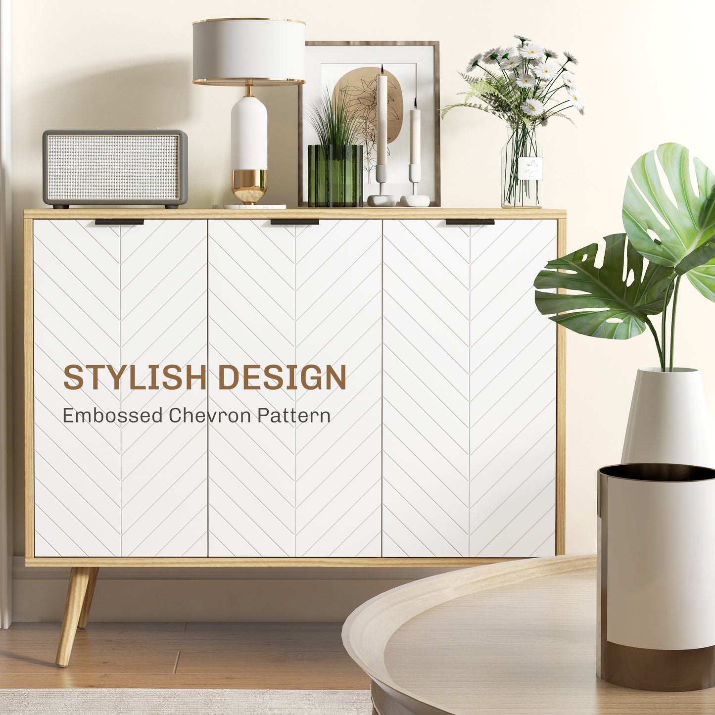 HOMCOM Modern Sideboard and Buffet, Dining Room Cabinet with Adjustable Shelves for Kitchen, Living Room, Natural