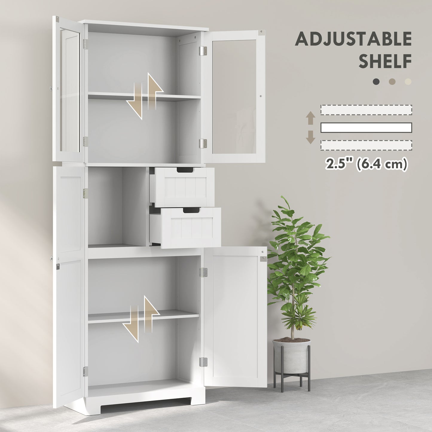HOMCOM Tall Bathroom Storage Cabinet, Floor Bathroom Cabinet with Adjustable Shelves, for Kitchen, Living Room, White