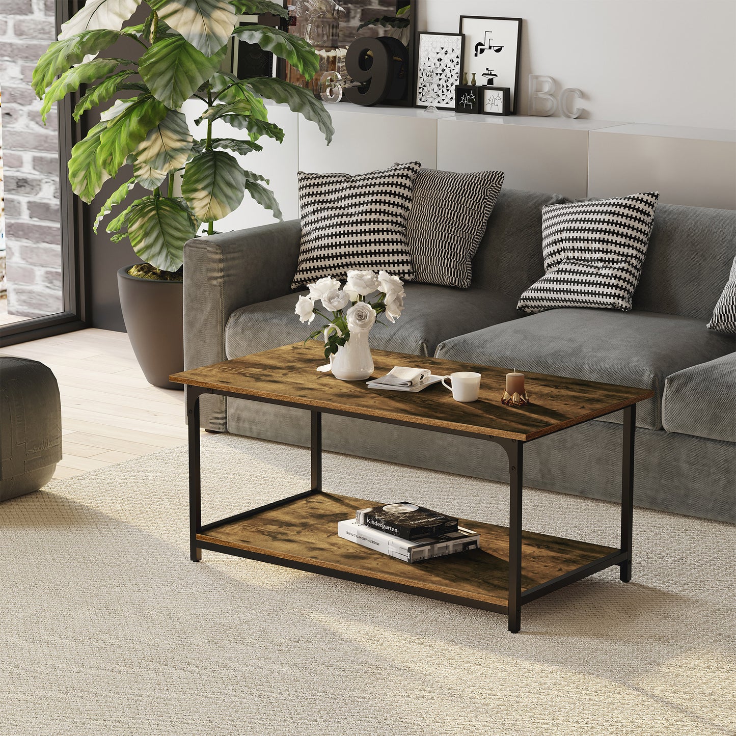 HOMCOM Industrial Coffee Table with Storage Shelf, 2-tier Center Table for Living Room, Rustic Brown