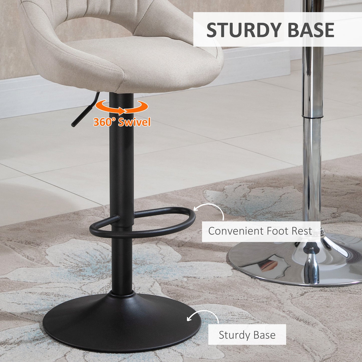 HOMCOM Bar Stools Set of 2, Swivel Counter Height Barstools with Adjustable Height, Linen Upholstered Bar Chairs with Round Metal Base and Footrest, Blue