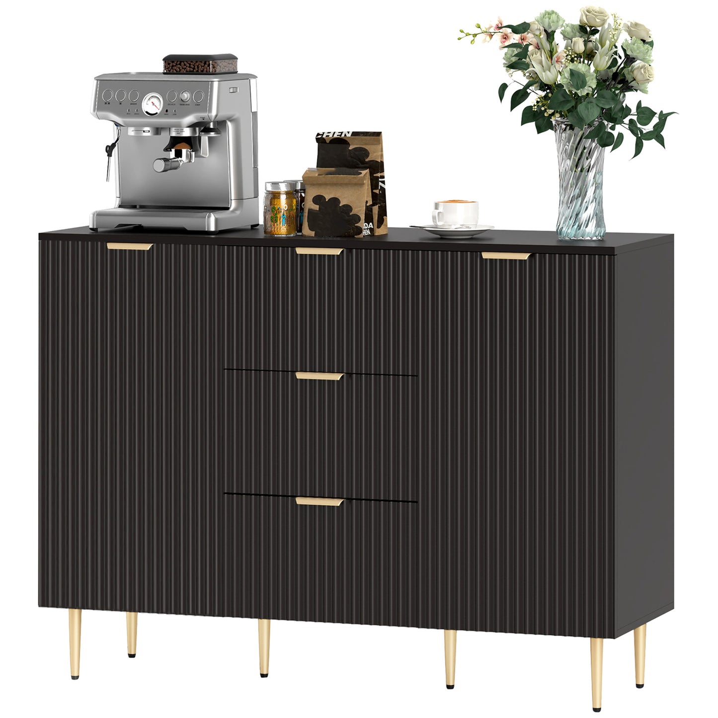 HOMCOM Modern Kitchen Storage Cabinet, Sideboard Buffet Cabinet w/ 3 Drawers and Adjustable Shelves for Kitchen Hallway, Black