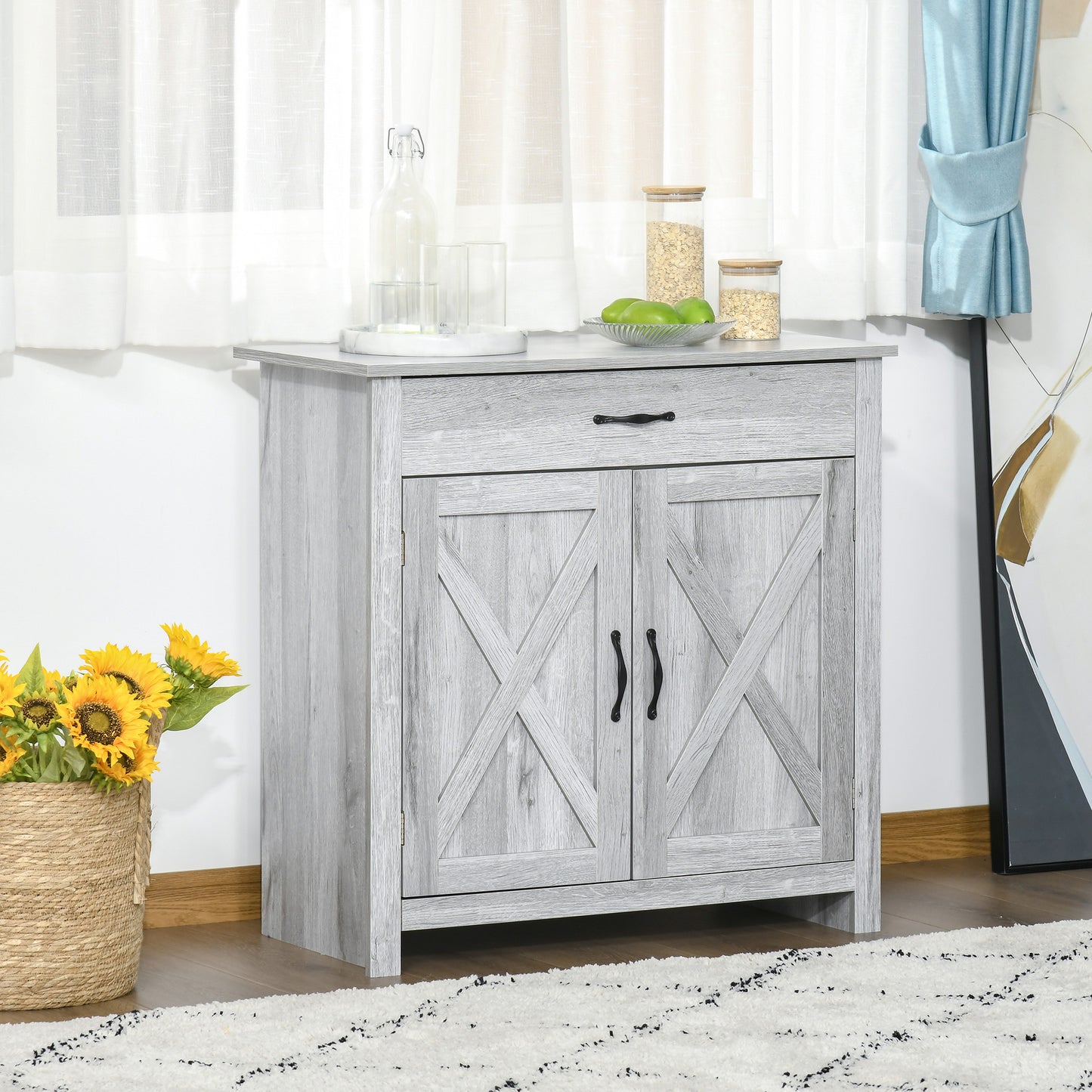 HOMCOM Farmhouse Sideboard Buffet Cabinet, Storage Cabinet with Barn Doors, Distressed Brown