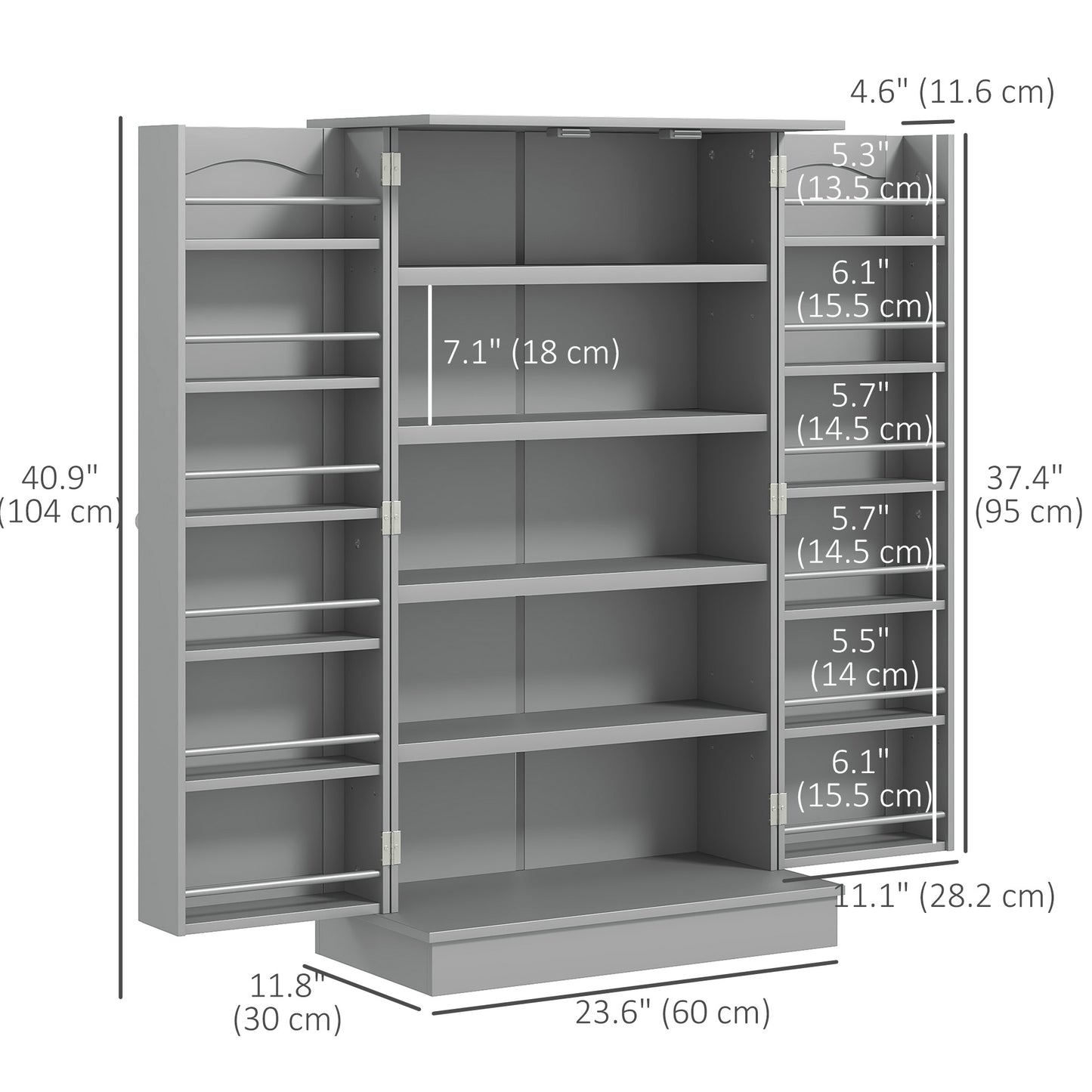 HOMCOM 41" Storage Cabinet, 2-Door Kitchen Pantry Cabinet with 5-tier Shelving, 12 Spice Racks and Adjustable Shelves, Grey