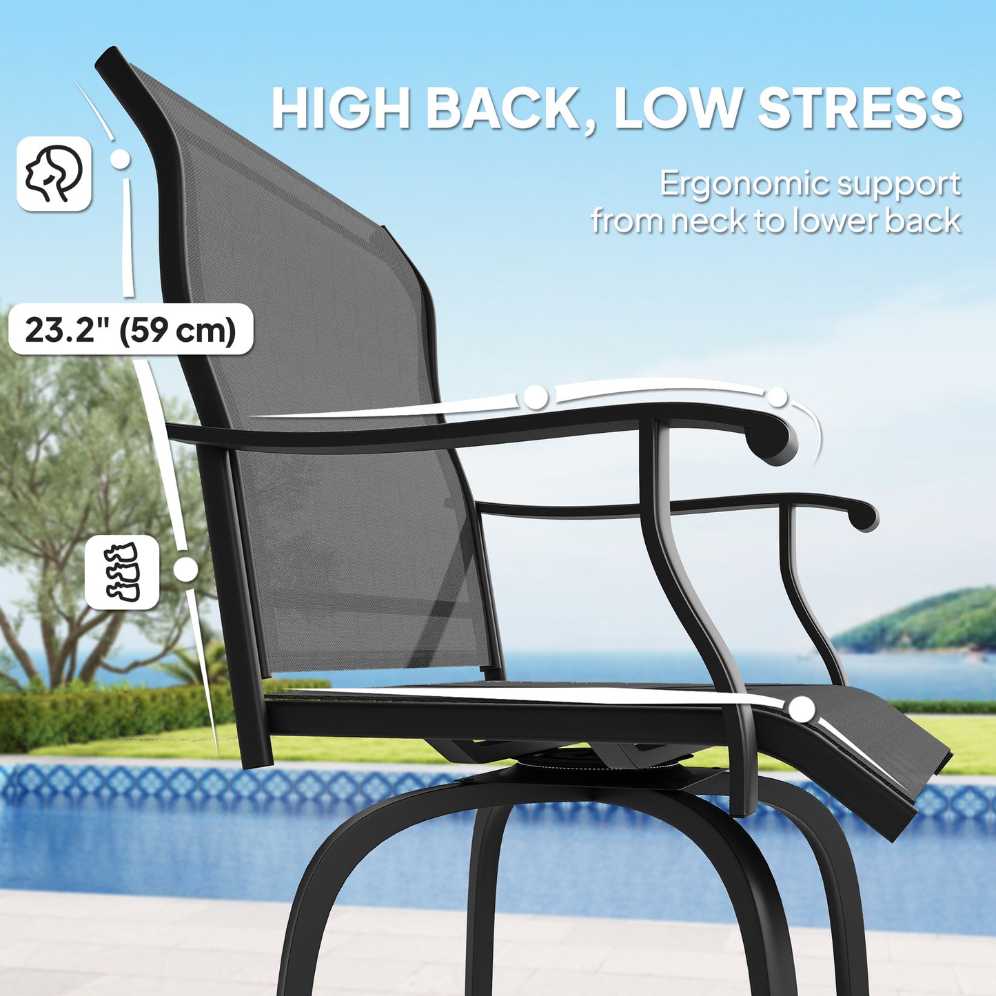 Outsunny Outdoor Bar Stools Set of 2, Swivel Bar Height Chairs with High Back, Curved Armrests and Steel Frame, Black