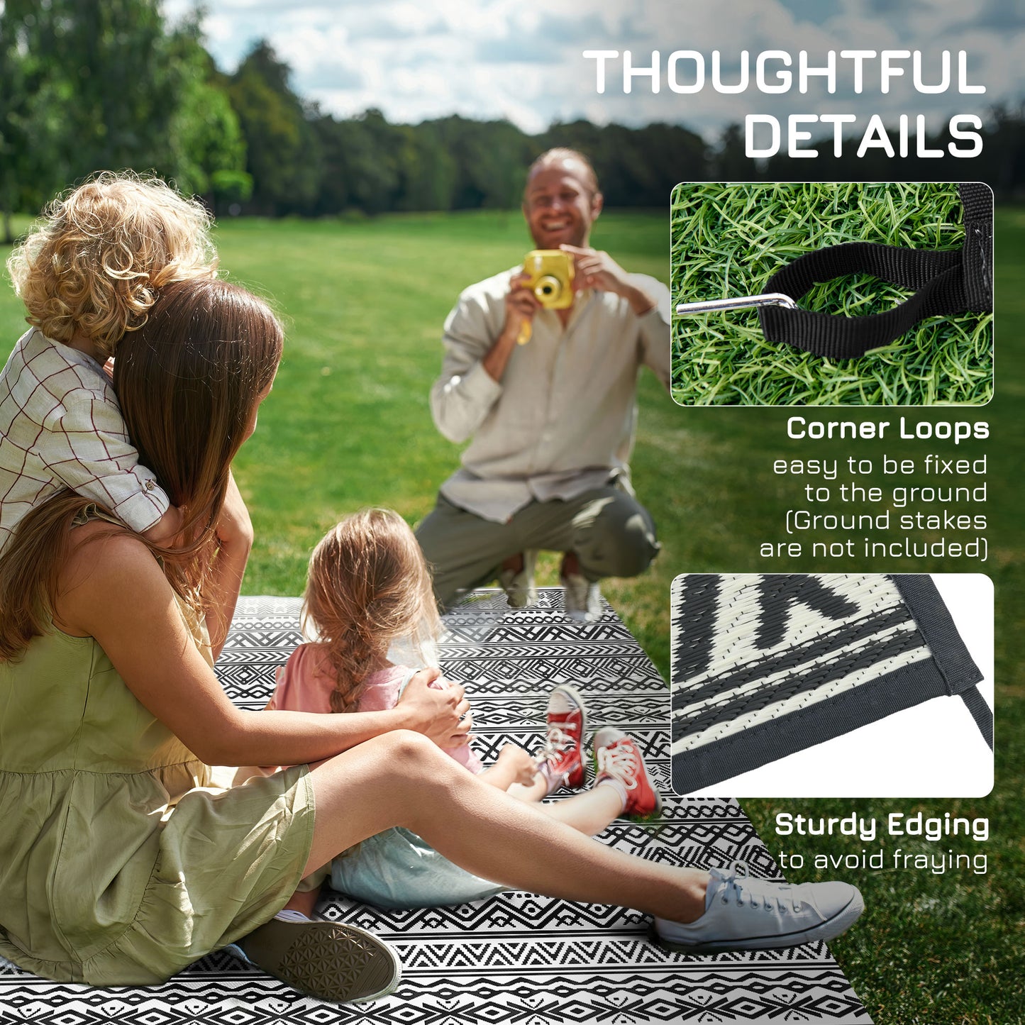 Outsunny Reversible Outdoor Rug Waterproof Plastic Straw RV Rug with Carry Bag, 9' x 12', Grey and Cream White Boho
