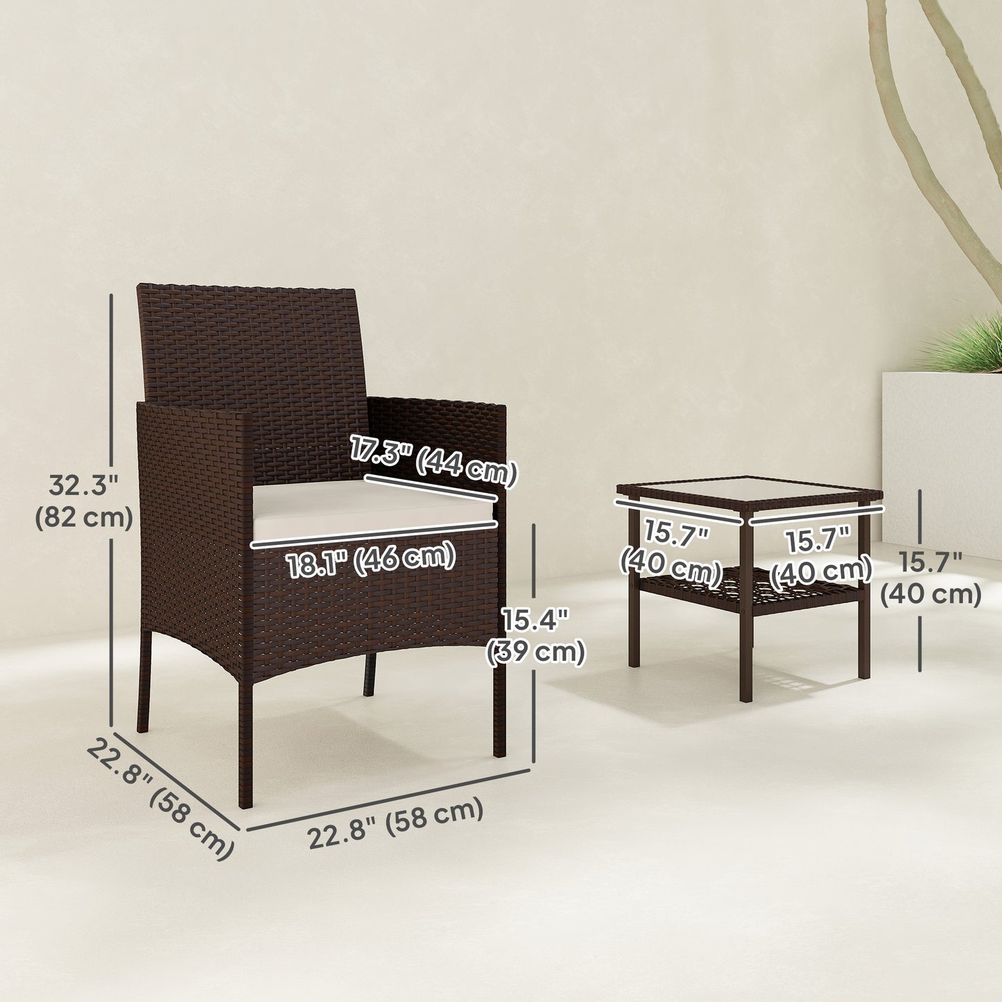 Outsunny Wicker Bistro Set, 3 Piece Patio Furniture Set with 2-Tier Glass Top Table, Cushions for Balcony, Porch, Beige