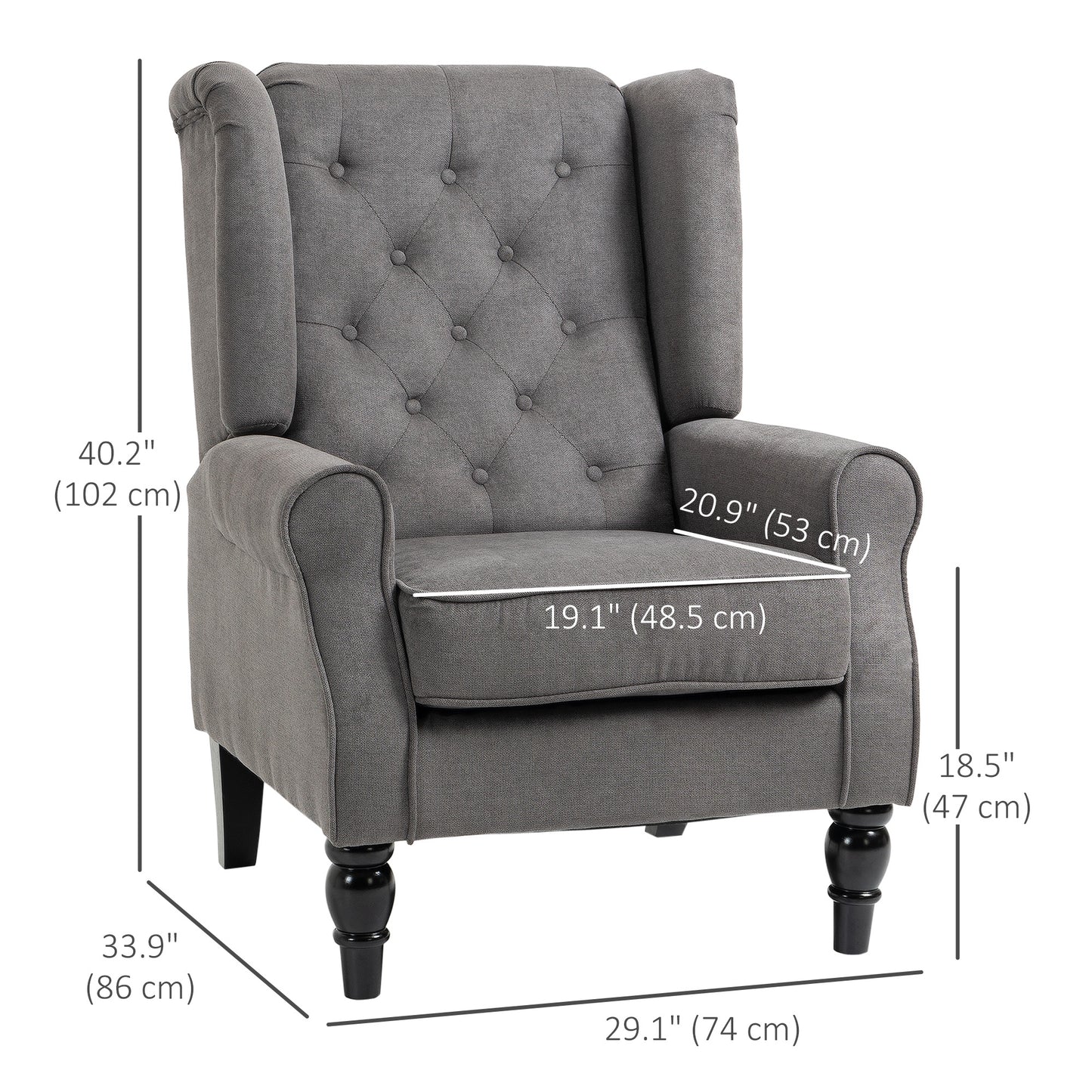 HOMCOM Fabric Accent Chair, Button Tufted Armchair, Upholstered Modern Living Room Chair, Wingback Chair with Wood Legs, Rolled Arms, Thick Padding for Bedroom, White