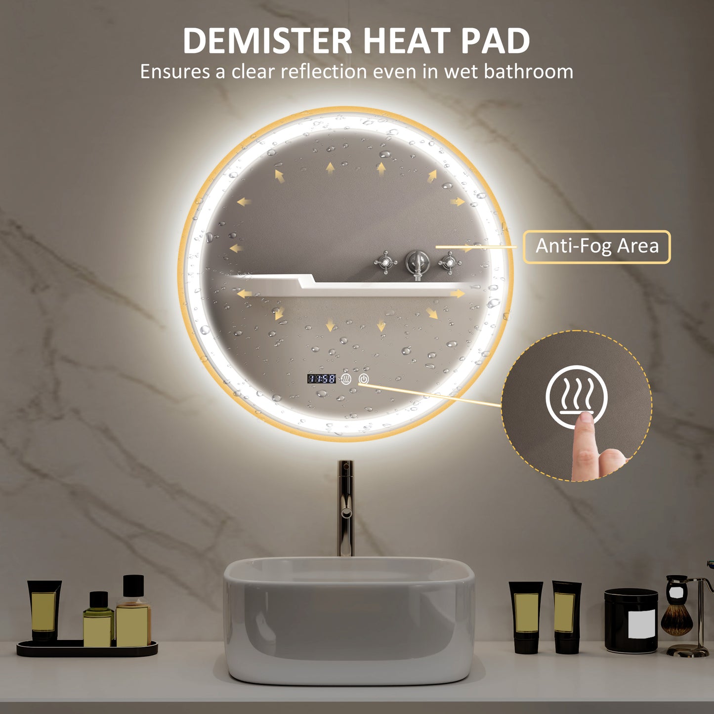 HOMCOM 24" Round Bathroom Mirror with LED Lights, Wall Mounted Vanity Mirror with Anti-Fog Pad, Time and Temp Display, Gold