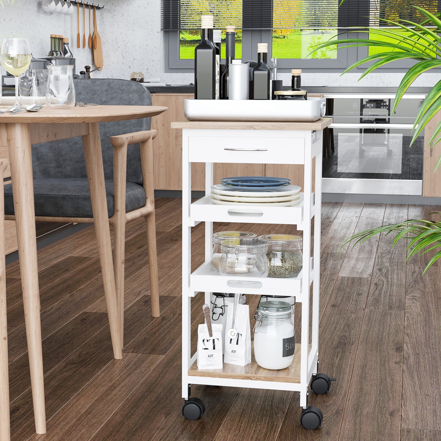 HOMCOM Bar Cart, 4-Tier Kitchen Cart with Removable Serving Tray, Kitchen Shelves on Wheels with Drawer for Dining Room, Living Room, White