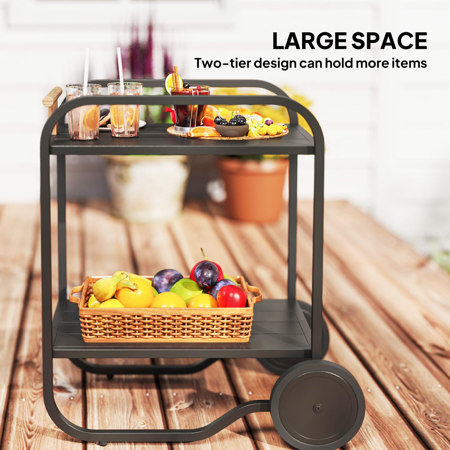 Outsunny Bar Cart with Storage, 2-Tier Rolling Kitchen Cart on Wheels with Side Handle and Steel Frame for Indoor Outdoor, Black