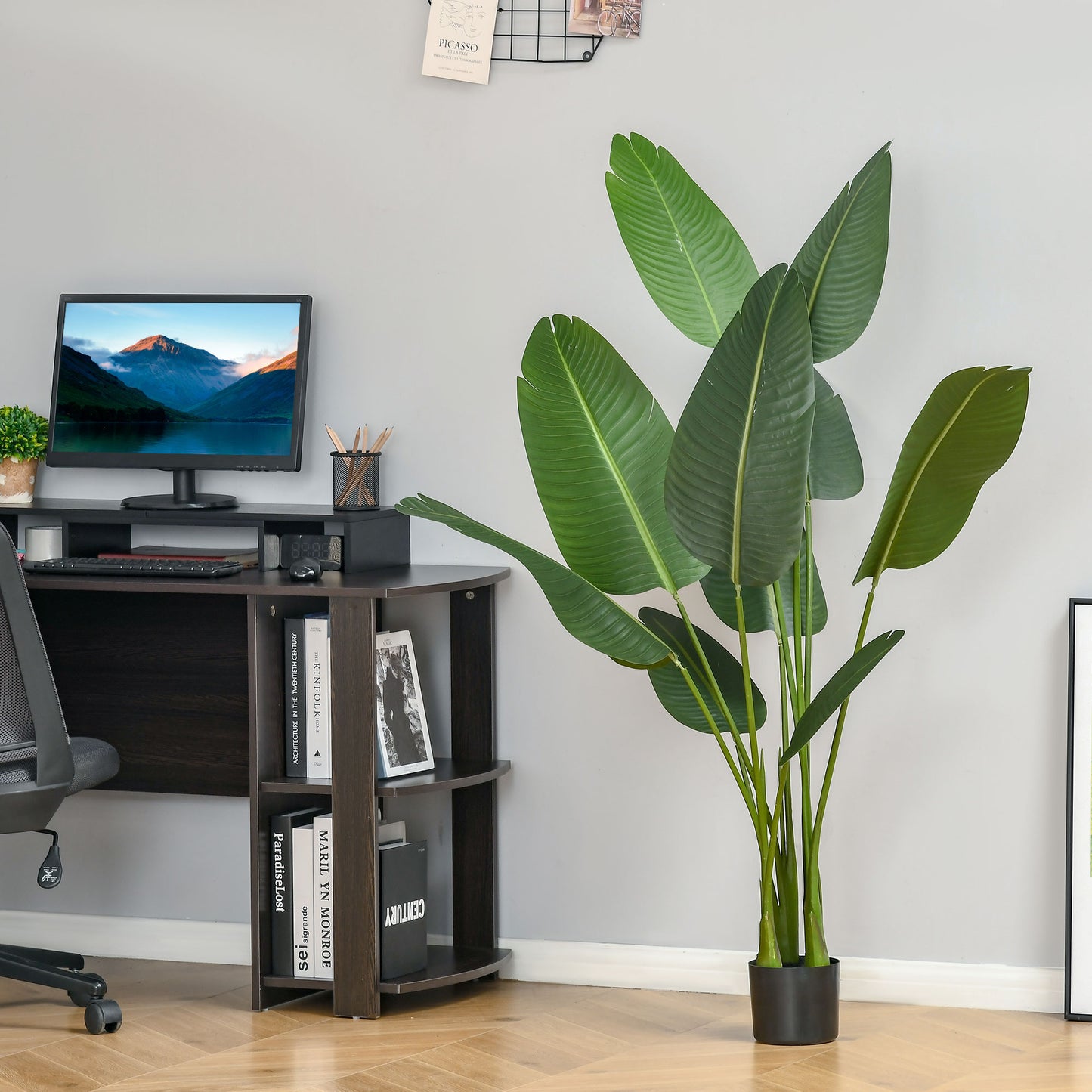 Outsunny 4FT Artificial Bird of Paradise Plant, Fake Tropical Palm Plant with 7 Banana Leaves in Pot, Faux Plant for Indoor , Green