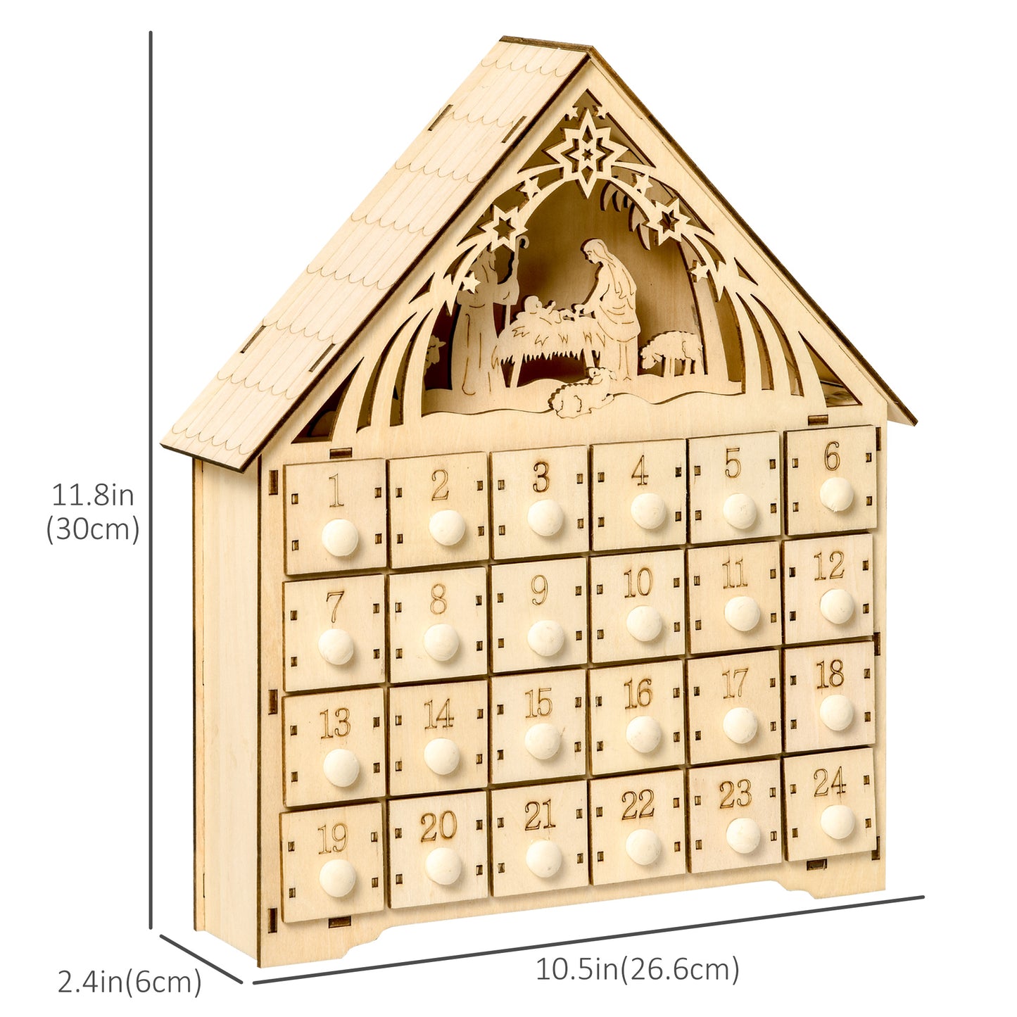 HOMCOM Wooden Christmas Advent Calendar, Lighted 24 Days Xmas Calendar House, Christmas Table Decoration with Countdown Drawers, Bible Characters, Battery Operated, Natural