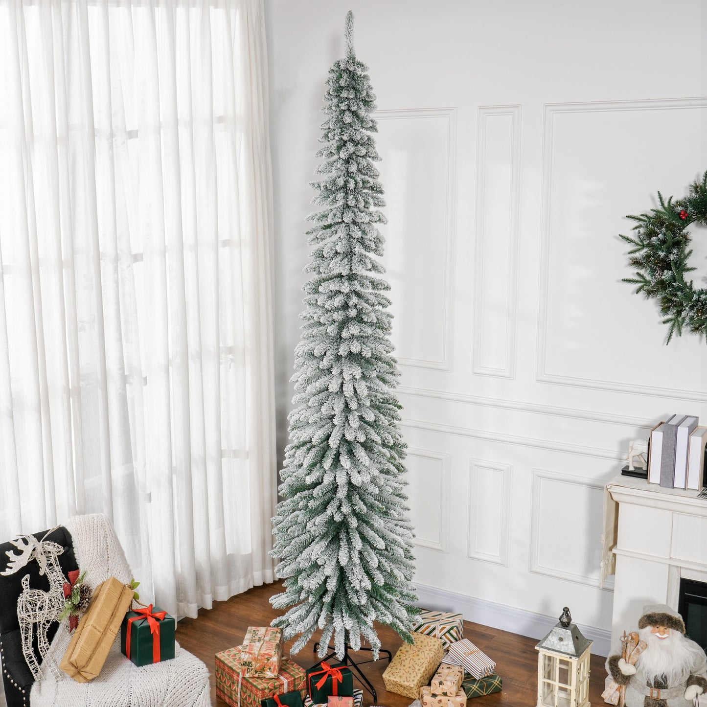 HOMCOM 6 Ft Snow-Flocked Artificial Christmas Tree, Slim Pencil Xmas Tree with Realistic Branches, Metal Base, Green
