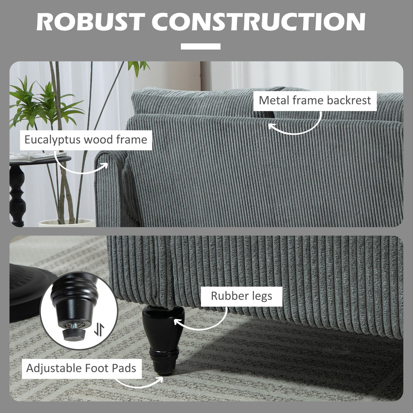 HOMCOM Vintage Loveseat, Upholstered Love Seat Furniture, Chenille-feel Fabric 2 Seater Sofa Couch with Rolled Arms, Gourd-Shaped Rubber Wood Legs for Living Room, Dark Grey