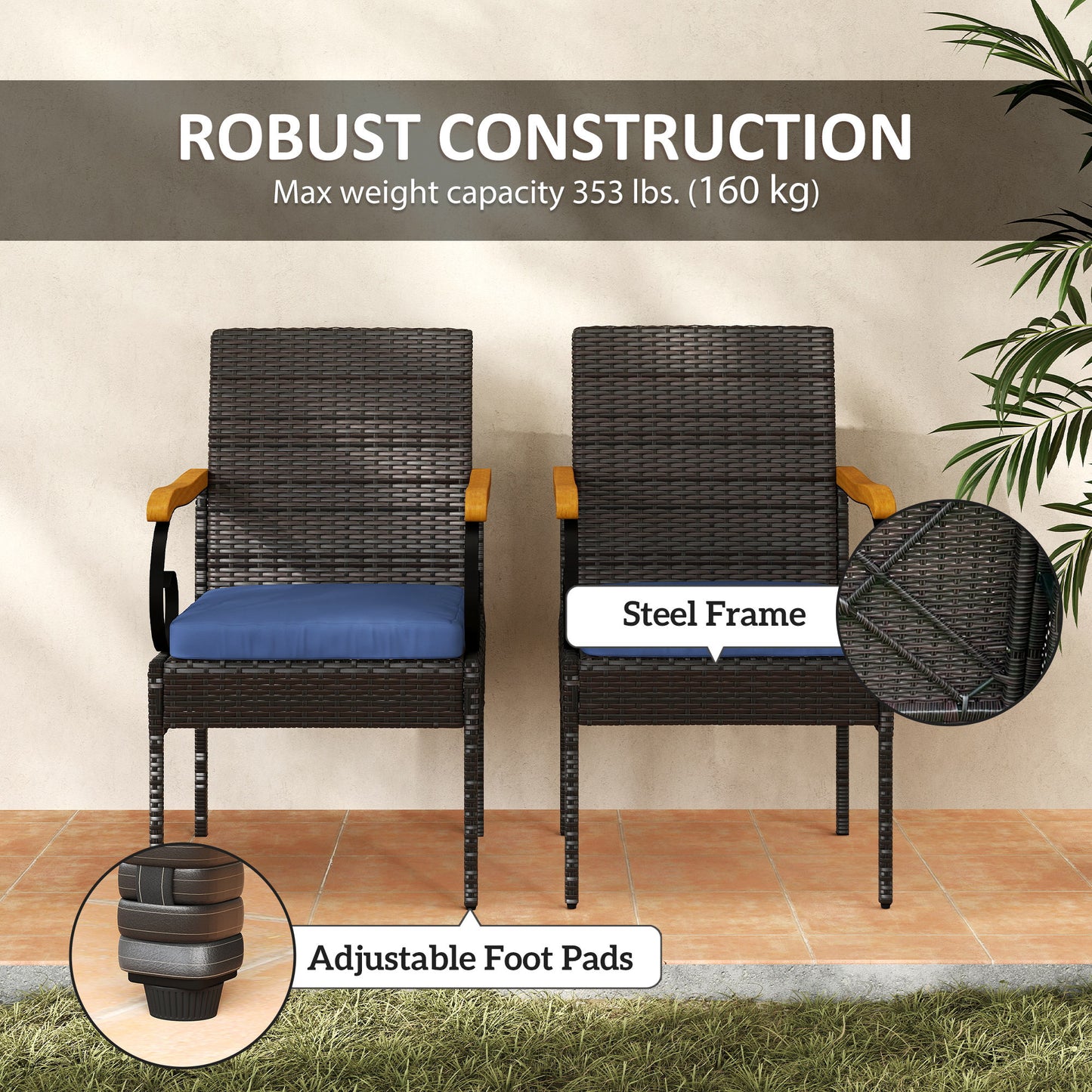 Outsunny Set of 2 Rattan Outdoor Dining Chairs, Wicker Patio Chairs with Removable Cushion, Acacia Wood Armrests, Light Grey