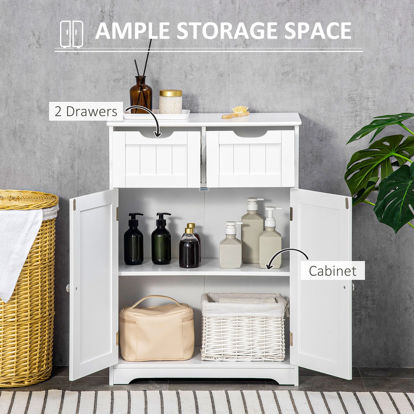 kleankin Bathroom Cabinet, Bathroom Storage Cabinet with 2 Drawers, Adjustable Shelf for Living Room, Entryway, White