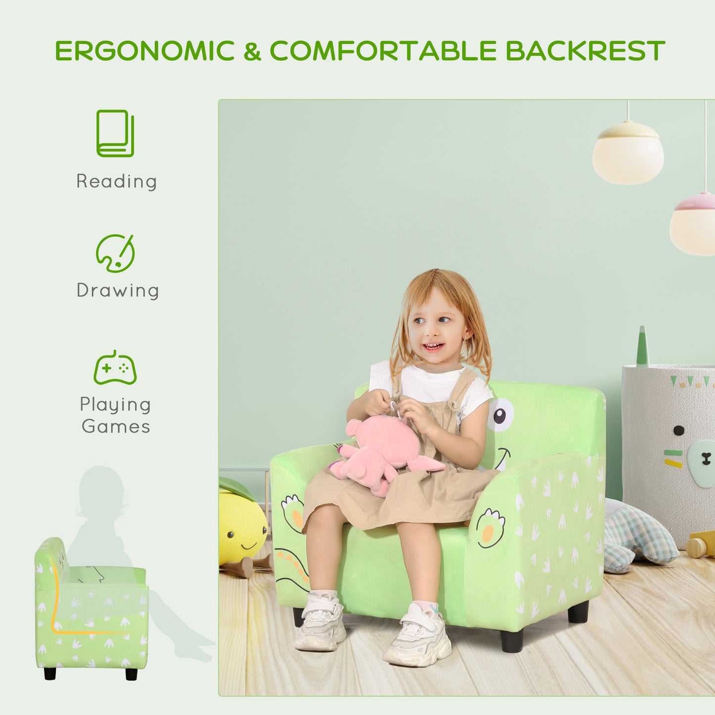 Qaba Kids Sofa, Armrest Chair for Preschool, Toddler Couch for Kids Room, Kindergarten with Cute Animal Print, Super-soft Velvet, Eucalyptus Wood, Green