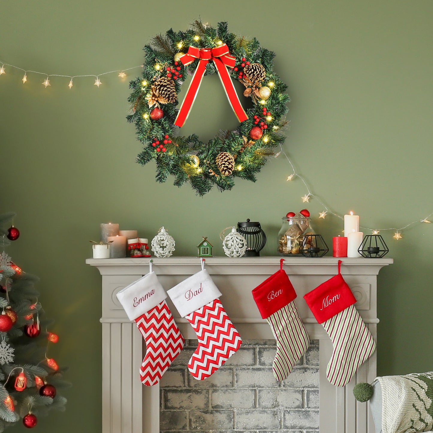 HOMCOM Christmas Wreath 24" Pre-Lit Artificial Greenery Xmas Spruce Wreath Cones Red Berries 20 LED Lights Battery Operated