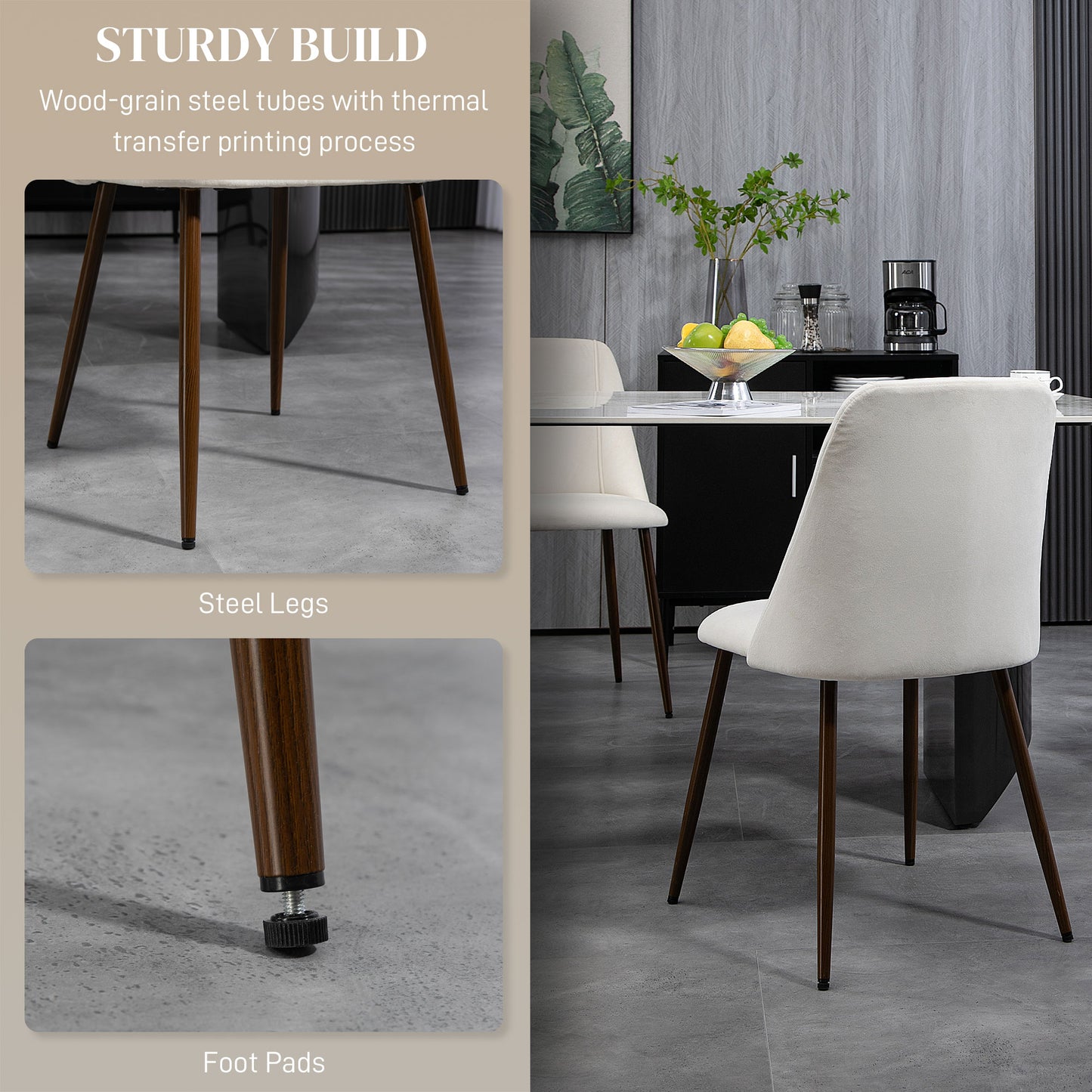 HOMCOM Upholstered Dining Chairs Set of 4, Velvet Accent Chair with Back and Wood-grain Steel Leg for Kitchen, Grey